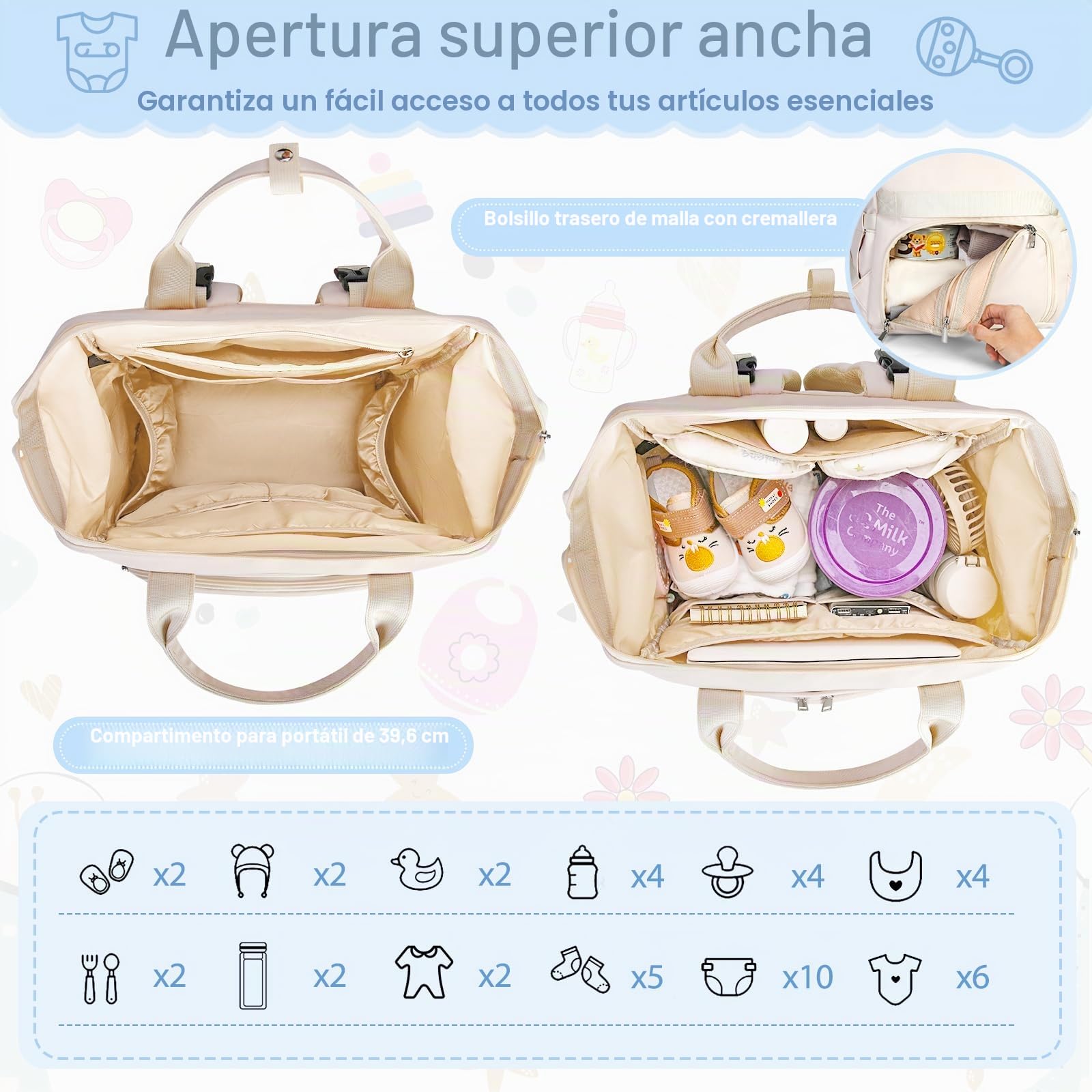 RAINSMORE Mochilas para Pañales Mochila Carro Bebe Multifuncional Mochila Cambiador con Cambiador Bebe Portatil para Mamá y Papá Blanco