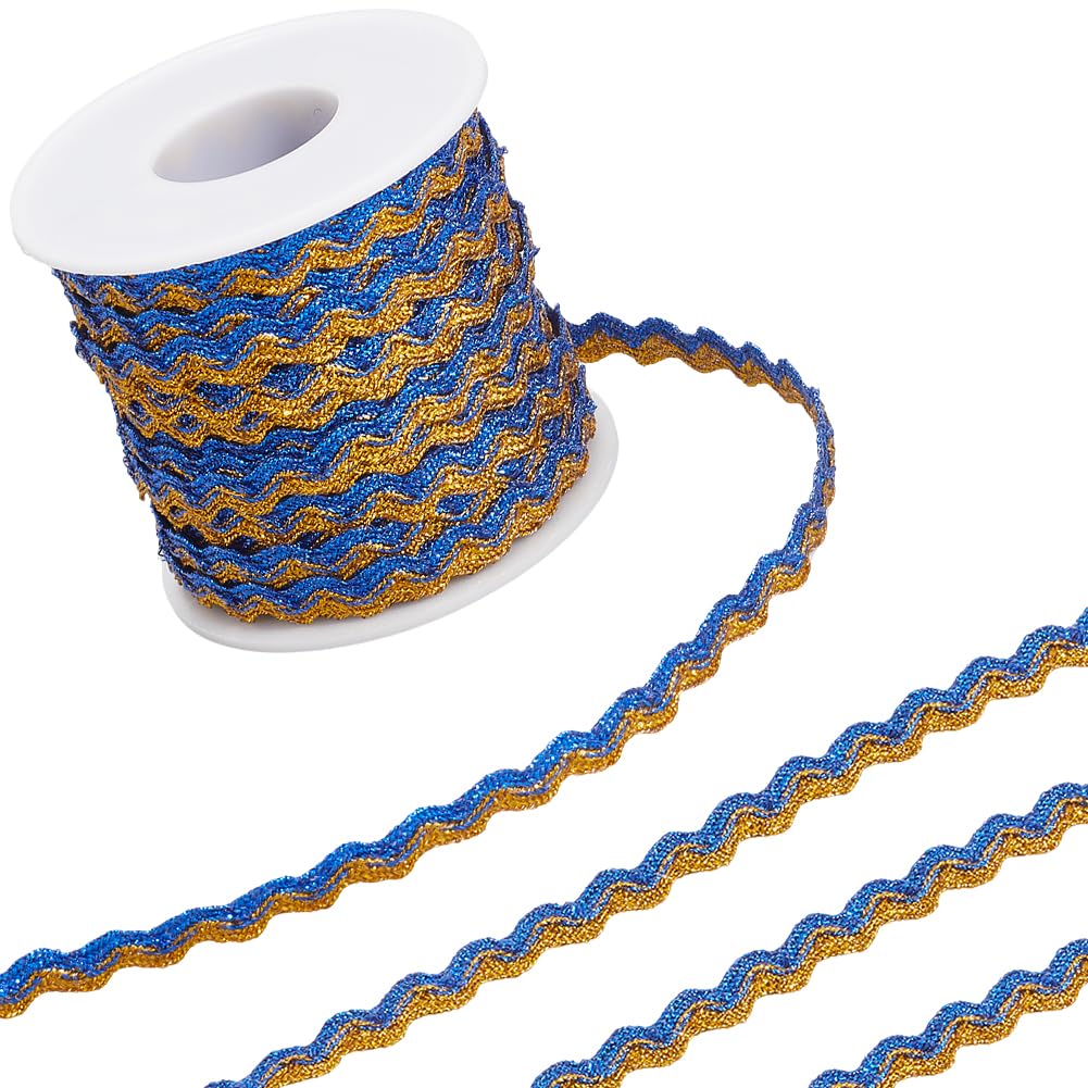 GORGECRAFT Metallic Rick Rack Trim 17m x 7mm Two Tone Wavy Bending Ribbon Royal Blue Gold Ric Rac Fringe Trim Wave Webbing Zig Zag Lace Edging Braid Ribbon for Cloth Sewing DIY Crafts Gift Wrapping