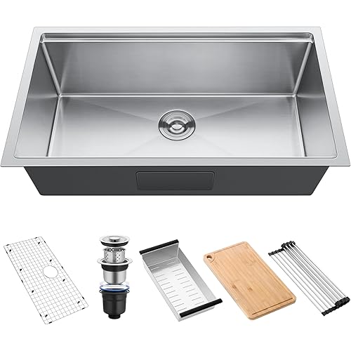 Homikit Undermount Kitchen Sink, 27x18 Inch Single Bowl Kitchen Sinks, 16 Gauge Stainless Steel Kitchen Sink, Brushed Nickel Workstation Sink with 5 Accessories, 10 Inch Deep Sink
