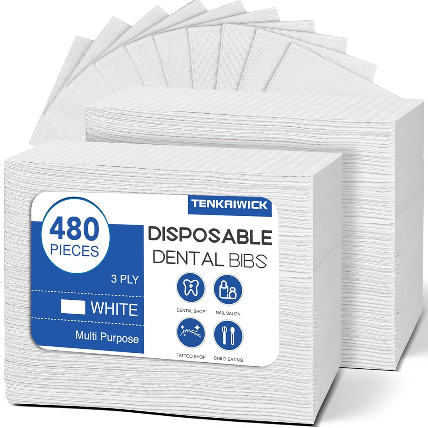 480 Pack Disposable Dental Bibs 13"x18", 3-Ply Waterproof Tattoo Bibs Sheet for Nail Salon, Dental Clinic, Feeding, Tattoo Shop (White)