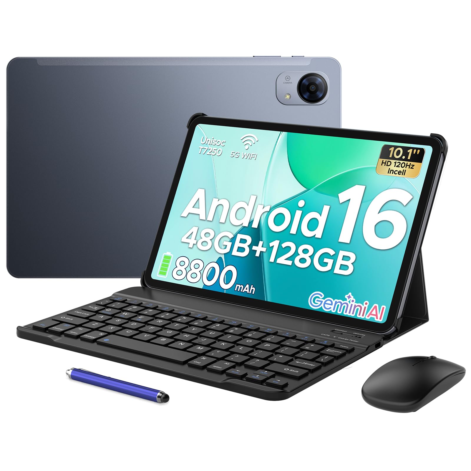 P10 Pro Tablette Android 16, Tablette 10 Pouces avec Gemini AI, 120Hz Diaplay, 48G0+128Go/2To, T7250 Octa-Coeur, 8800mAh, Widevine L1, 13MP+5MP, 5G WiFi, Tablette avec Stylet&Clavier, Gris