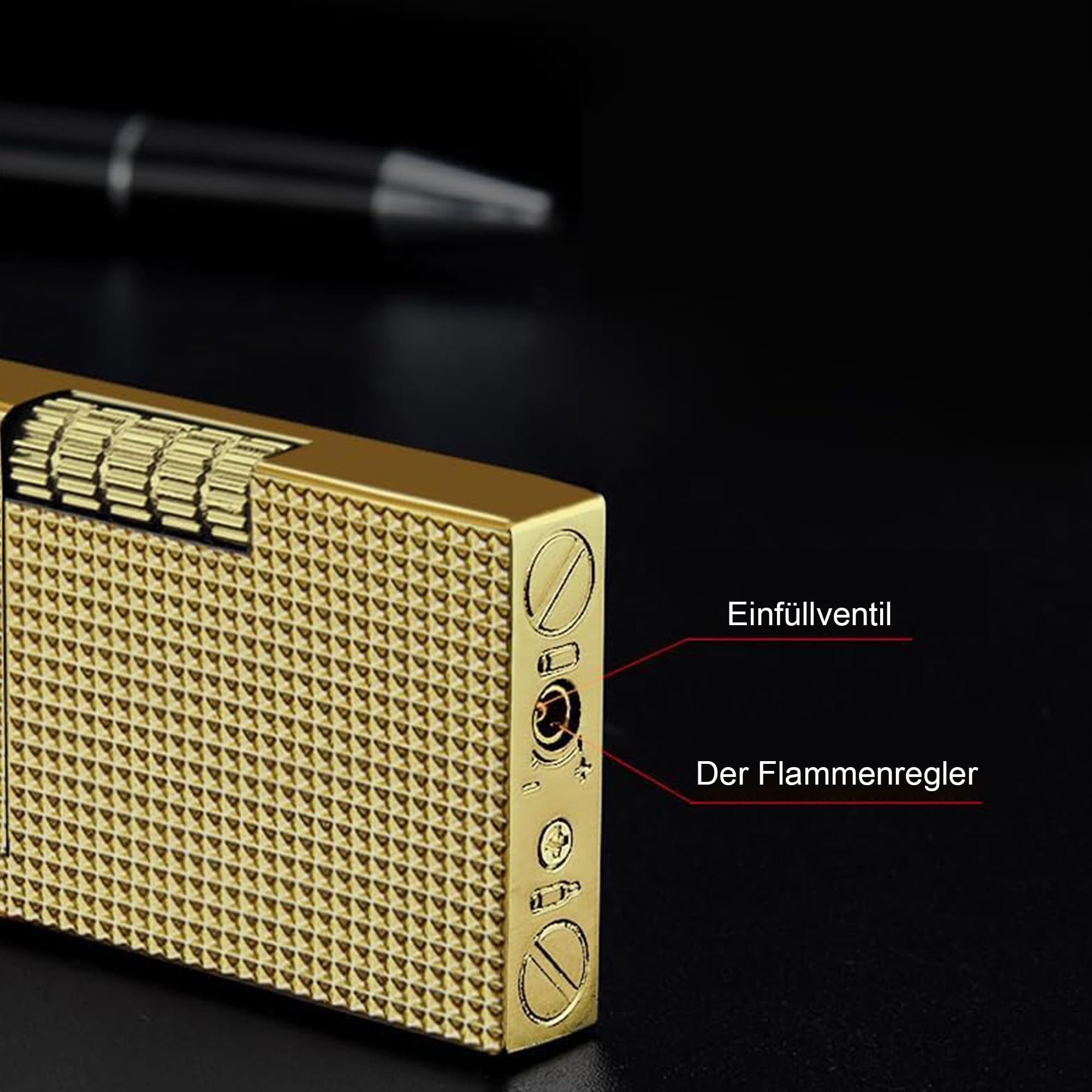Feuerzeug, Nachfüllbarer Brennstoff, Einstellbare Flammengröße, Sturmfeuerzeug, Männer, Geschenk, Outdoor, Camping (Feuerzeug ohne Brennstoff (Goldener Rautenmuster)
