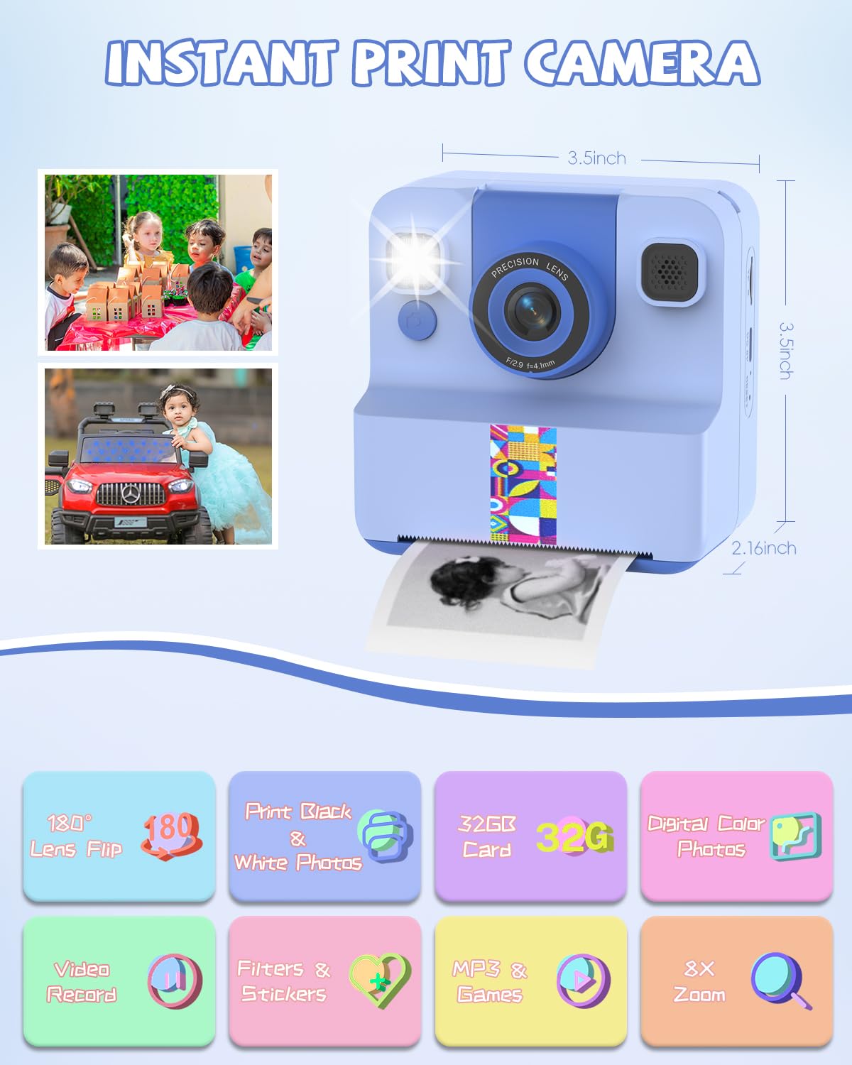 Kinder Sofortbildkamera, Sofortdruck Kamera für Kinder, 180° drehbares Selfie Objektiv mit 32GB SD-Karte – Geschenk für Jungen & Mädchen (3–12 Jahre), Blau