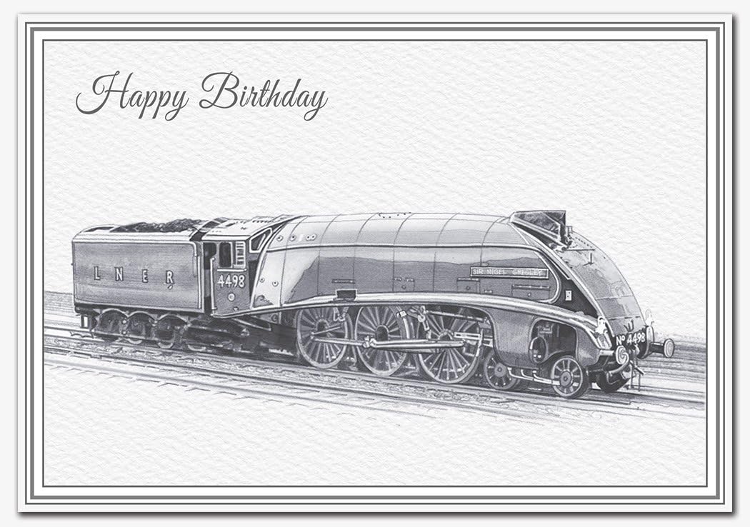 Train Birthday Card - Exclusive, artistic drawing - Railway Locomotive - Steam trains - Superior printing of Gresley a4 steam engine - Unique design - Exclusive Elegant Special