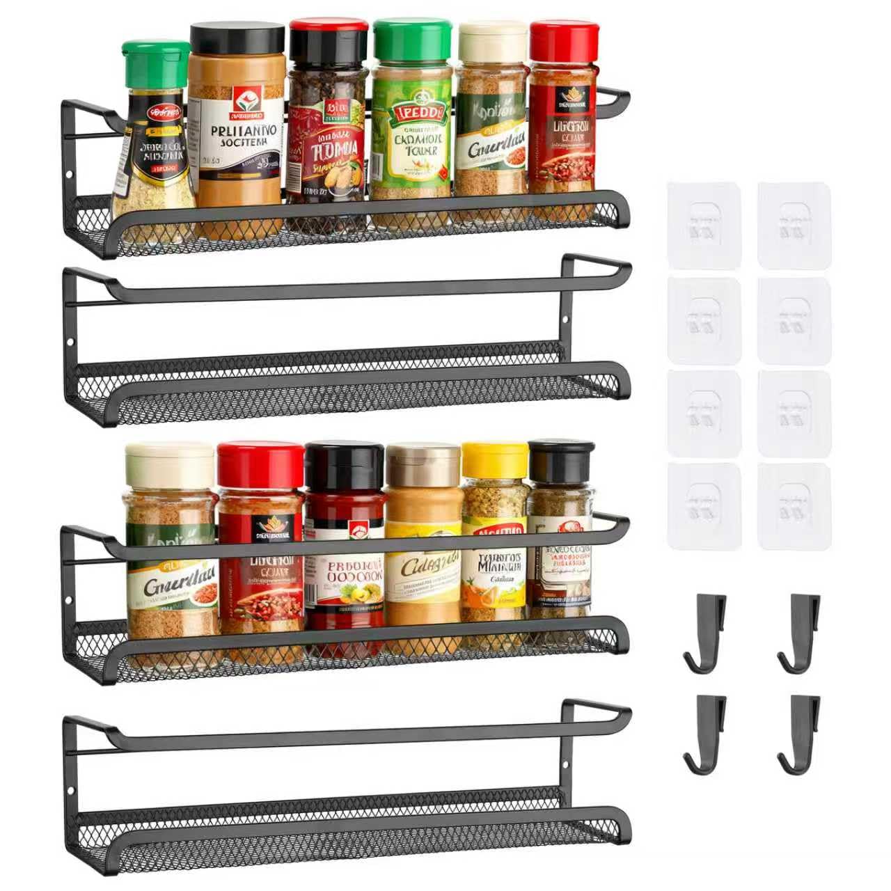 Gunolye Spice Rack Organiser, 4 Tier Wall Mounted Cabinet Storage, Space Saving Spice Rack, Kitchen Hanging Spice Shelf Cupboard Door for Spices and Condiments, Jars