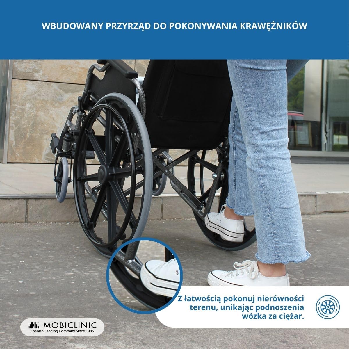 Mobiclinic, Giralda, składany wózek inwalidzki, ortopedyczny, dla niepełnosprawnych, aluminium, zdejmowany podnóżek i składane podłokietniki, czarny, siedzisko 46 cm, bardzo lekki