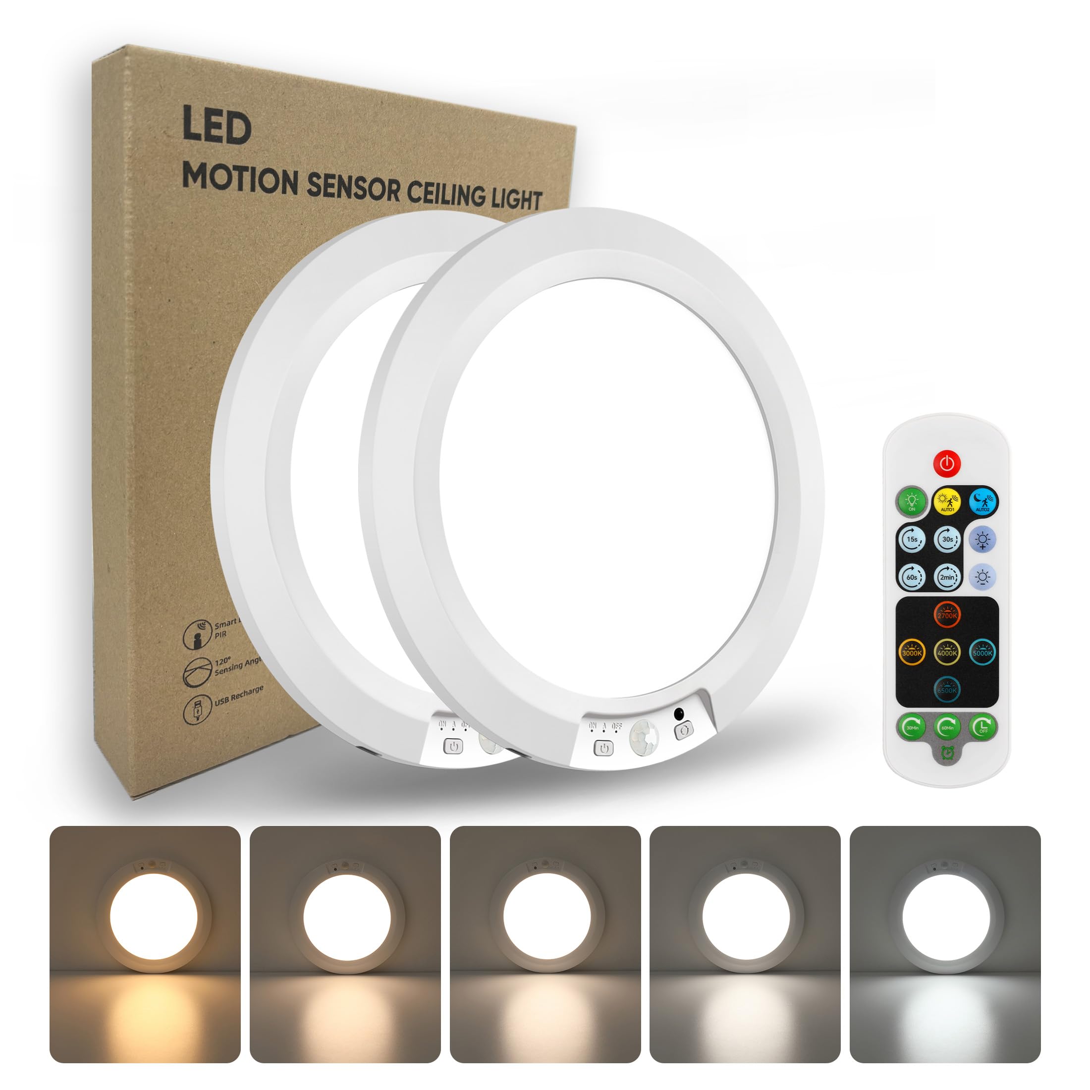 APCENS 8000mAh Rechargeable Motion Sensor Ceiling Light, Wireless 19cm Round LED Light, 450LM 5 Color Temps Dimmable with Remote Control, Magnetic Mount for Wardrobe, Hallway, Pantry, 2-Pack