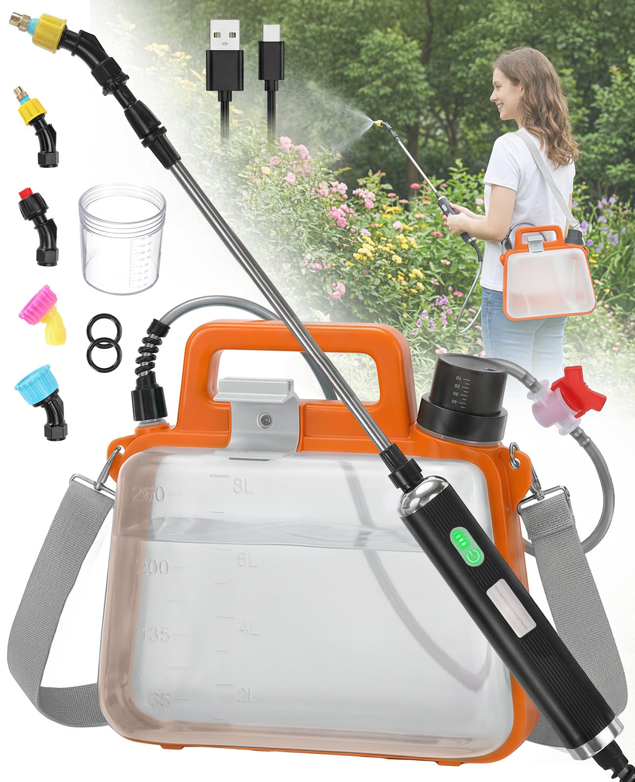 Gochifix Electric Garden Sprayer 2.1 Gallon, Battery Powered USB Rechargeable Handle w/Indicator, 4 Spray Nozzles, Shut-Off Valve, Retractable Wand, Adjustable Strap, Plant Mister for Lawn Garden