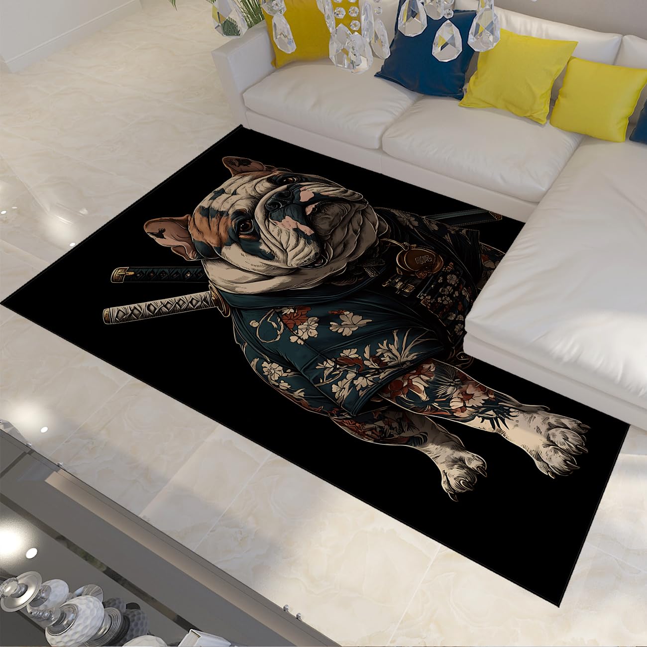 Samurai Bulldog - dywan obszarowy, nadaje się do prania, antypoślizgowe, czarne dywaniki, miękki, dywan z niskim włosiem, do salonu, biura, jadalni, 160 x 200 cm