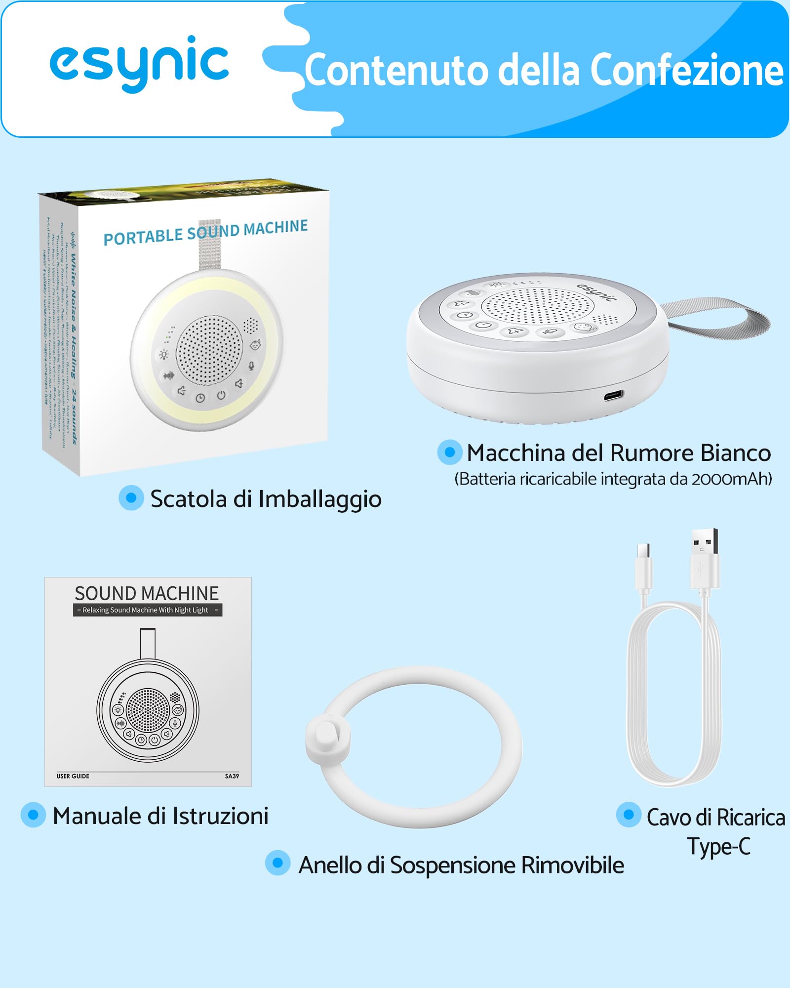 eSynic Macchina Rumore Bianco con Rilevamento del Pianto, 24 Suoni Rilassanti, Luce Notturna Colorata Regolabile, Durata 60+ Ore, Funzione Timer e Memoria, con Ciondolo per Lettino Passeggino Auto