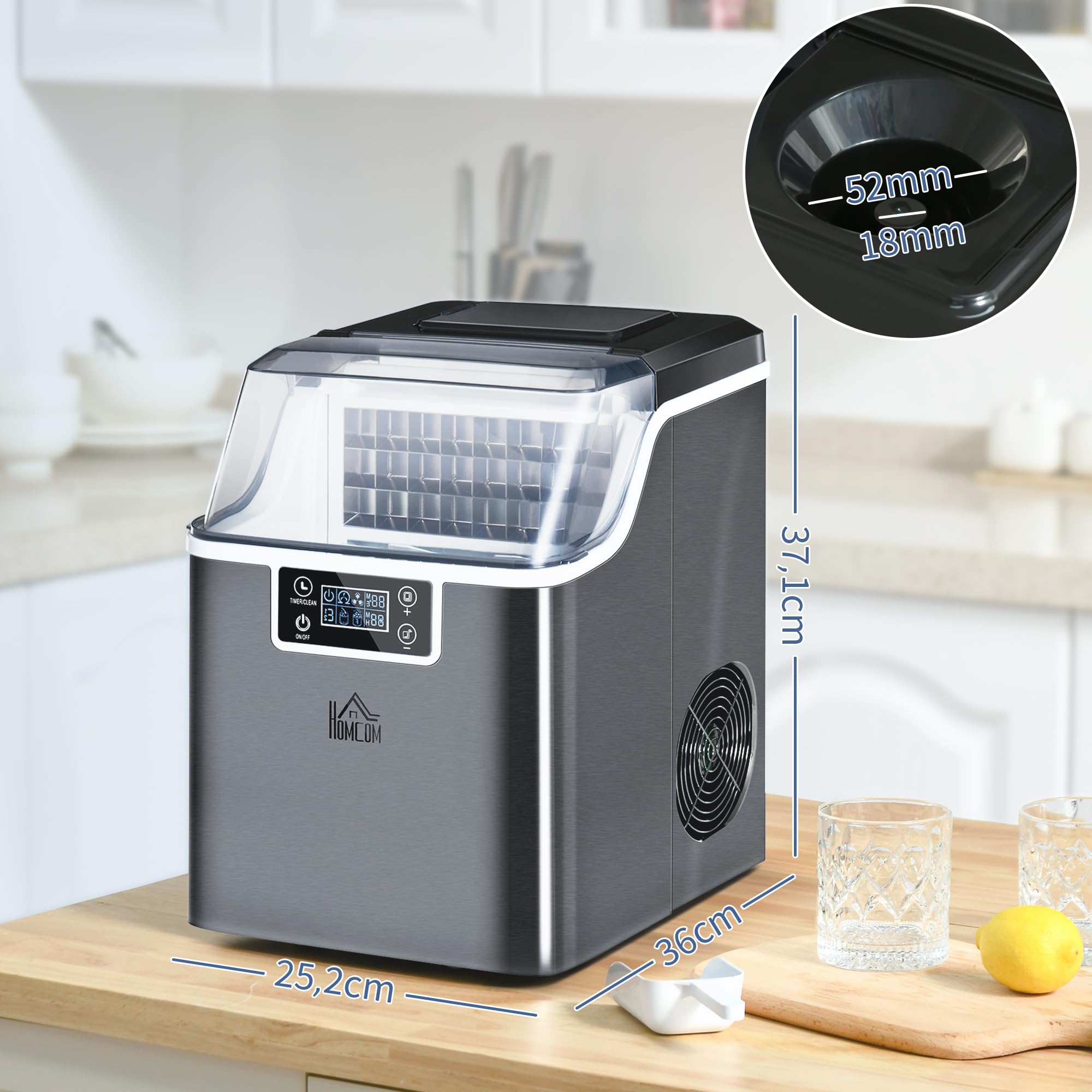 HOMCOM Máquina para hacer hielo 20 kg/24h 2.3 L Máquina para hacer cubitos de hielo con 3,2 L Depósito de agua Display Ice Cube Maker Machine - Máquina expendedora de hielo Autolimpieza Negro 25,2 x
