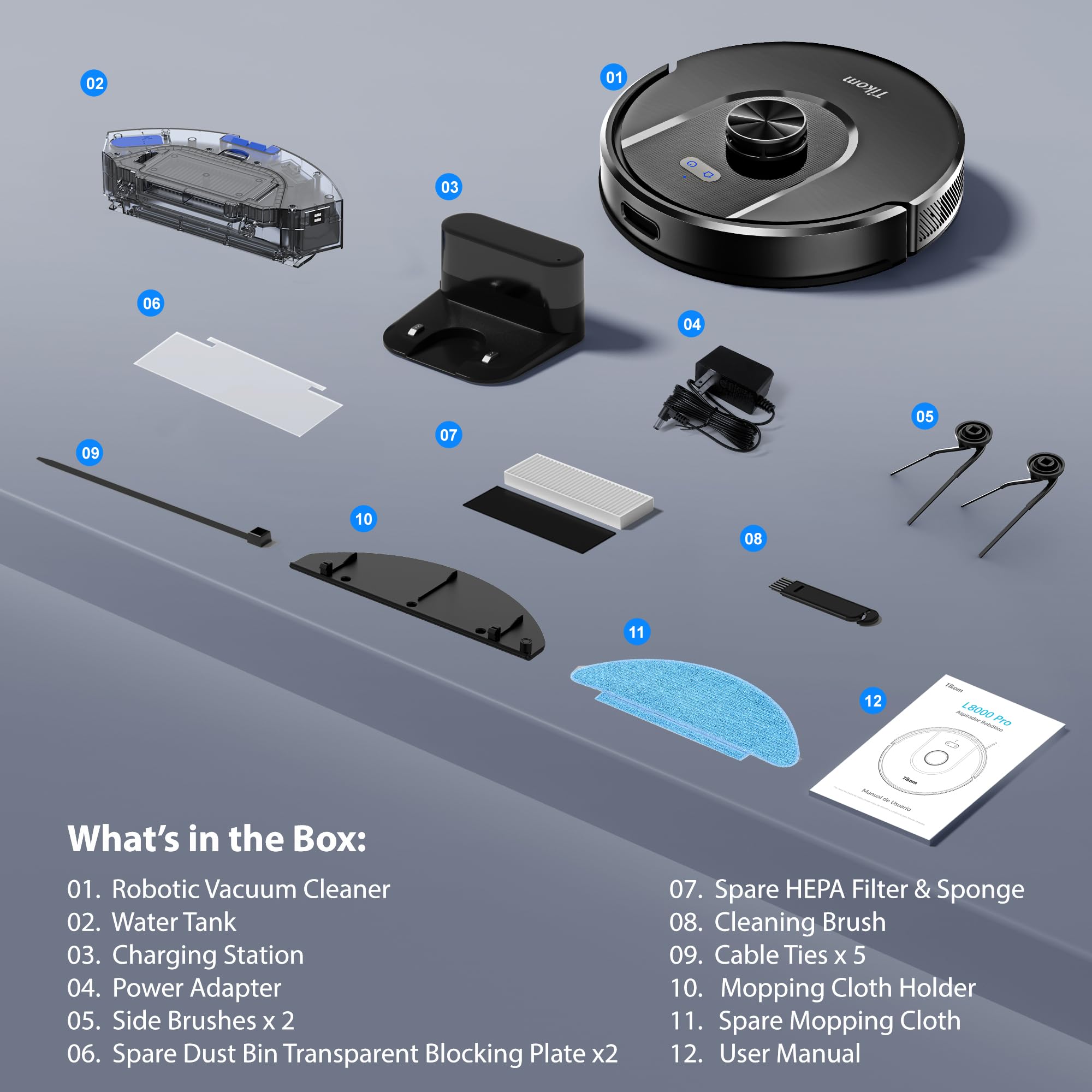 Tikom Robot Vacuum and Mop Combo, 6000Pa Automatic Robotic Vacuum Cleaner, Smart Mapping, 150 Min Max, Ideal for Pet Hair, Hardfloors, Carpets, Home(L8000 Pro) view 9