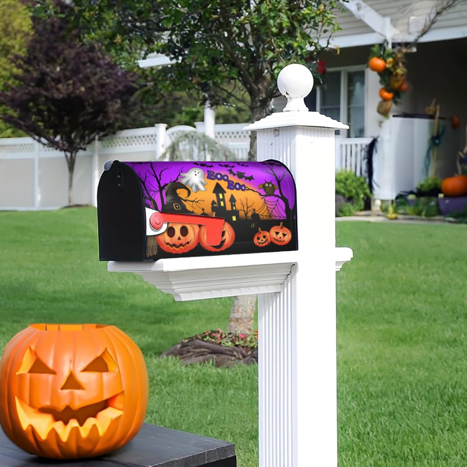 Spooky Halloween Mailbox Cover with Magnetic Ghost, Owl, Bat & Castle Designs Outdoor Wrap Decorations for Garden and Post Box, Standard Size 18" x 21"