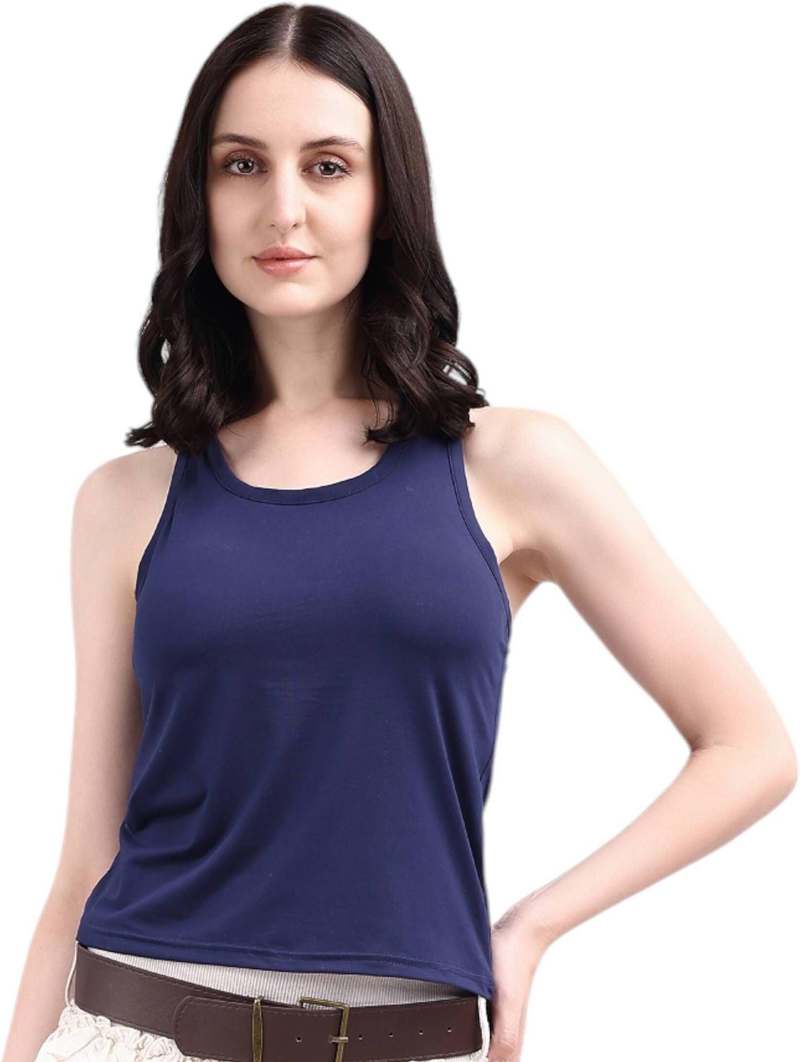 evelvie Ladies Padded Camisole Tank Top with Built-in Bra, Round Neck Racer Cut Back Ribbed Stretch Slim Fit Women Padded Top (Navy Blue, L)-picture-26