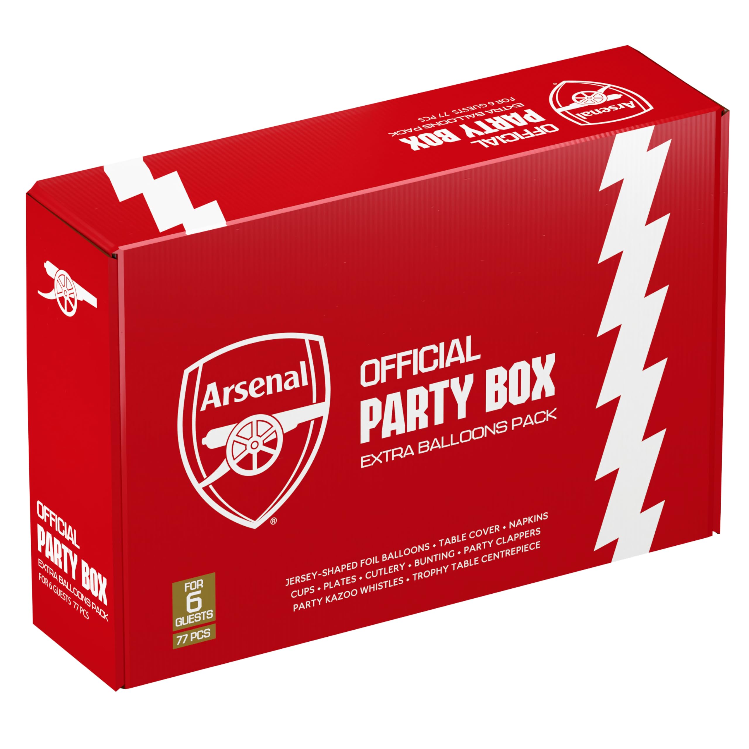 Arsenal FC Coffret de Fête Officiel 77 Pièces | Kit Tout-en-Un pour 6 Invités avec Vaisselle Jetable, Ballons Maillot, Décorations & Accessoires | Idéal Matchday & Anniversaire