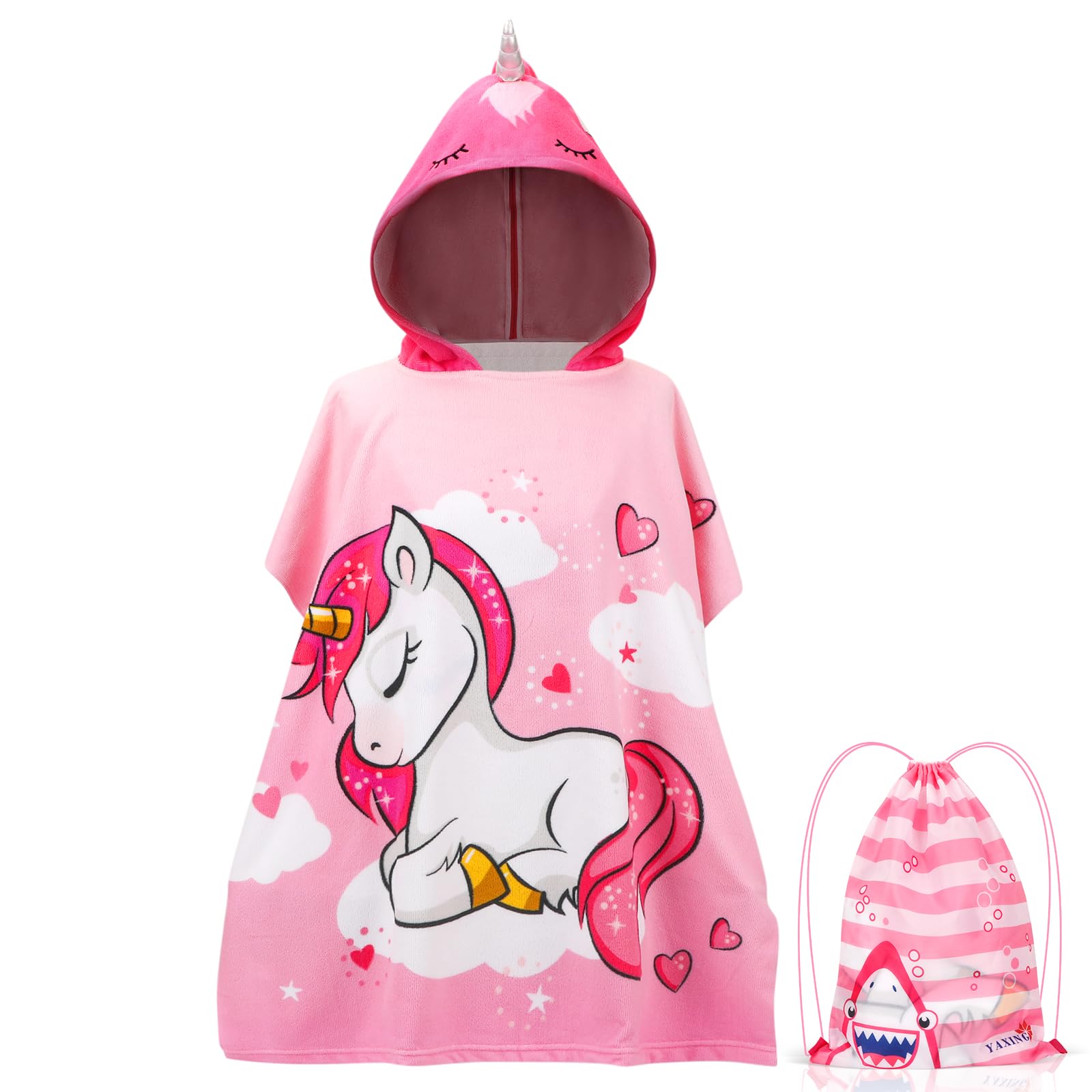 QKURT QKURT Toallas de Playa para Niños, Poncho de Baño de Playa para Niños de Unicornio, Toalla de Natación, Envoltura Cálida para Piscina con Bolsa Portátil con Cordón para Niñas