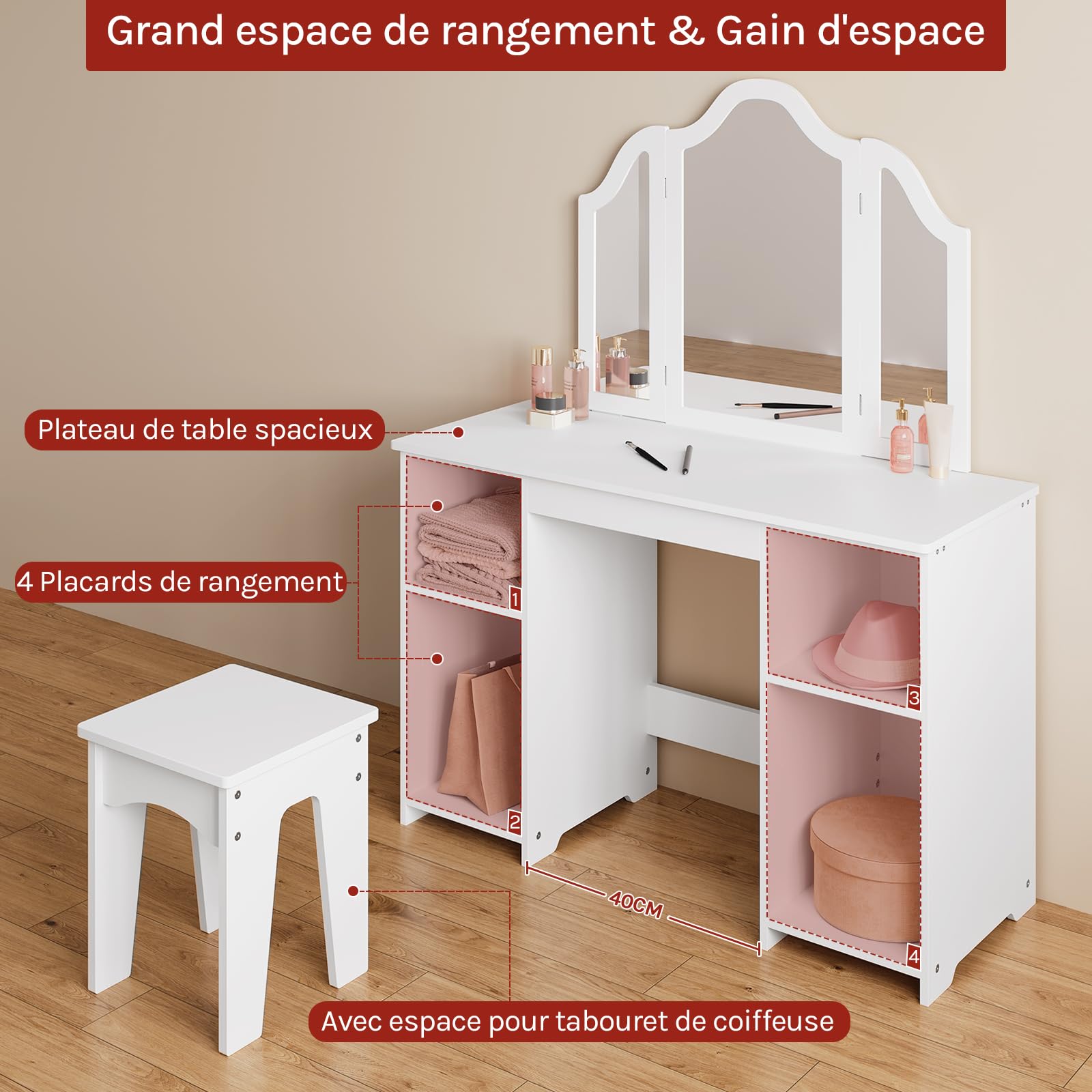 WOLTU Coiffeuse pour Enfants avec Tabouret et Triple Miroir Amovible, Petite Table de Maquillage avec 4 Compartiments Ouverts, Étagères Réglables, pour Fille, Blanc, MDF, MB6120ws