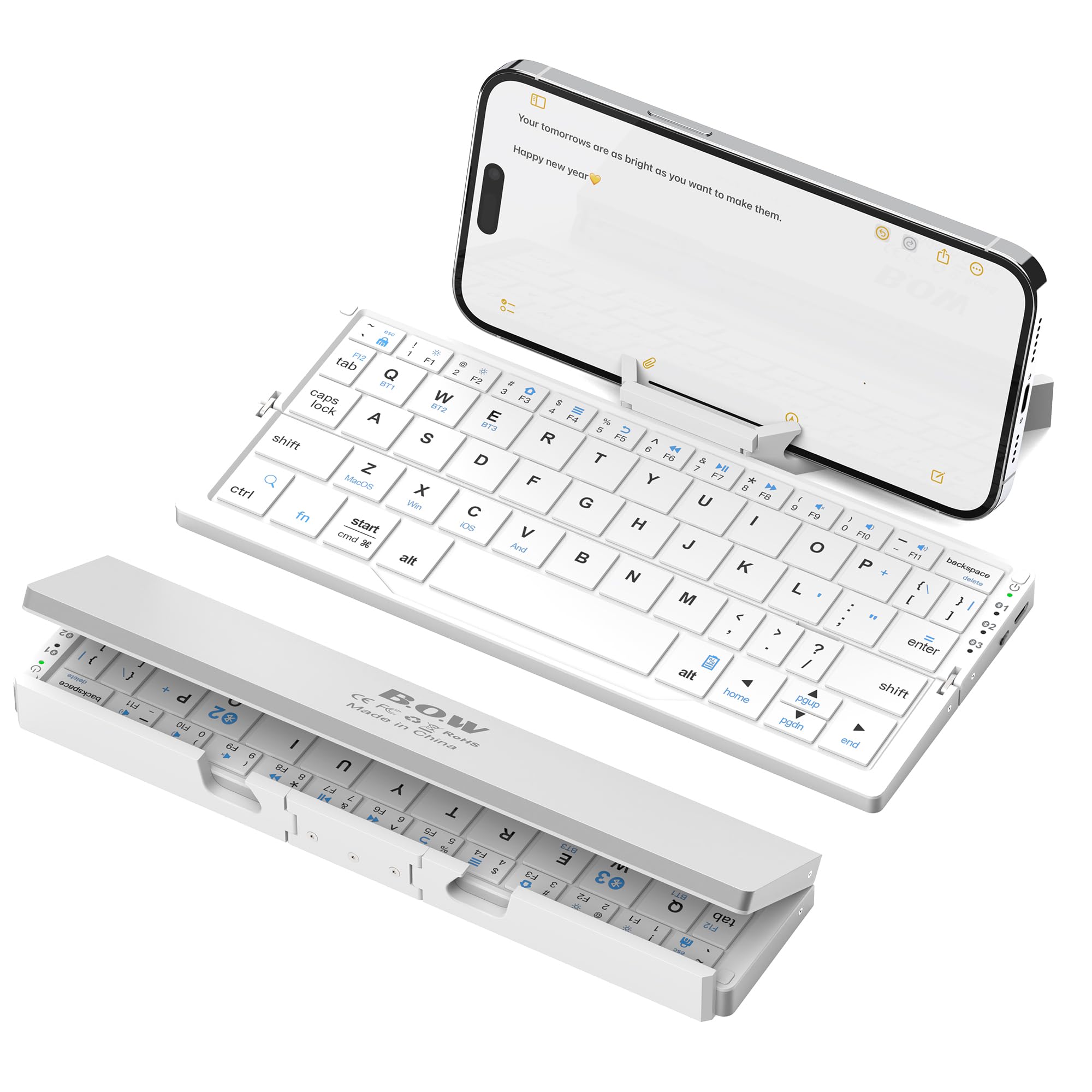 Inalambrico Plegable con Soporte, Teclado Bluetooth QWERTY Portatil para Viajes, Teclado para iPad/Ordenador portátil/Tableta/Smart TV, Compatible con Windows, iOS, Mac OS, Android (Blanco)