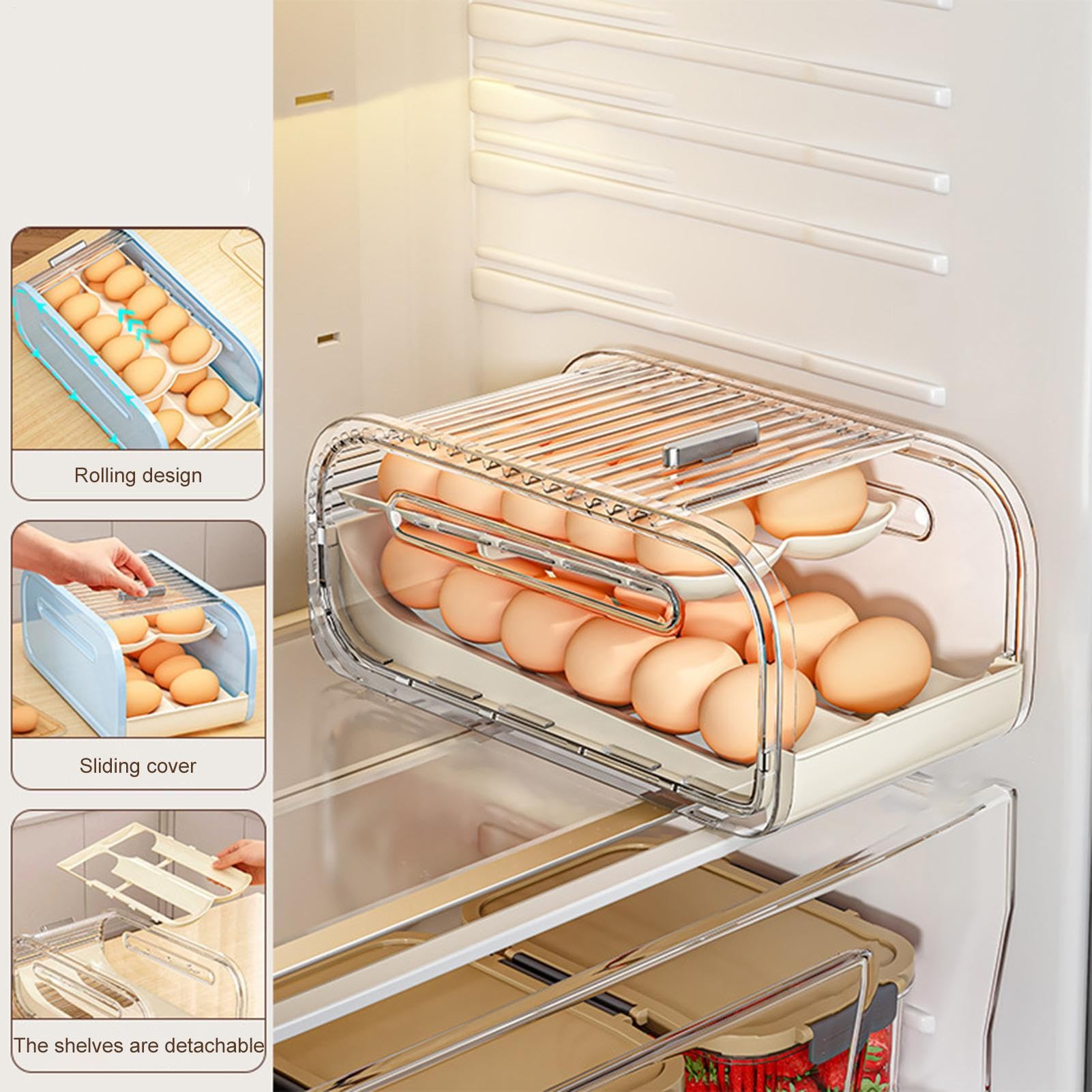 Bandeja Para Huevos Doble Nivel con Tapa Corredera y Rodamiento Automático | Organizador De Huevos Para Encimera Y Para Cocina Despensa Apartamento Hogar Restaurante