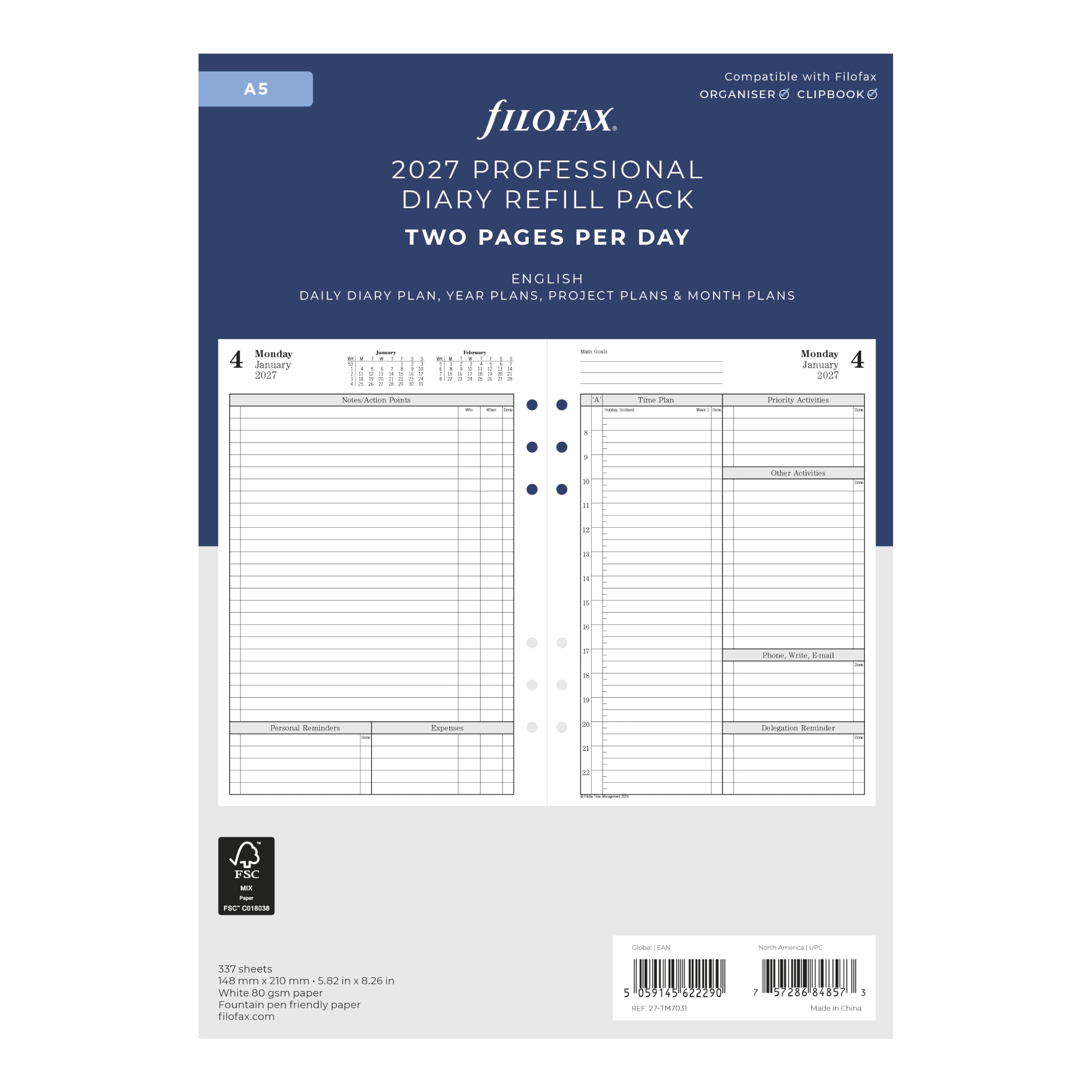 Filofax CTM7031-27 Recharge pour agenda format A5, un jour sur deux pages avec rendez-vous, gestion du temps, papier blanc, anglais, 2027
