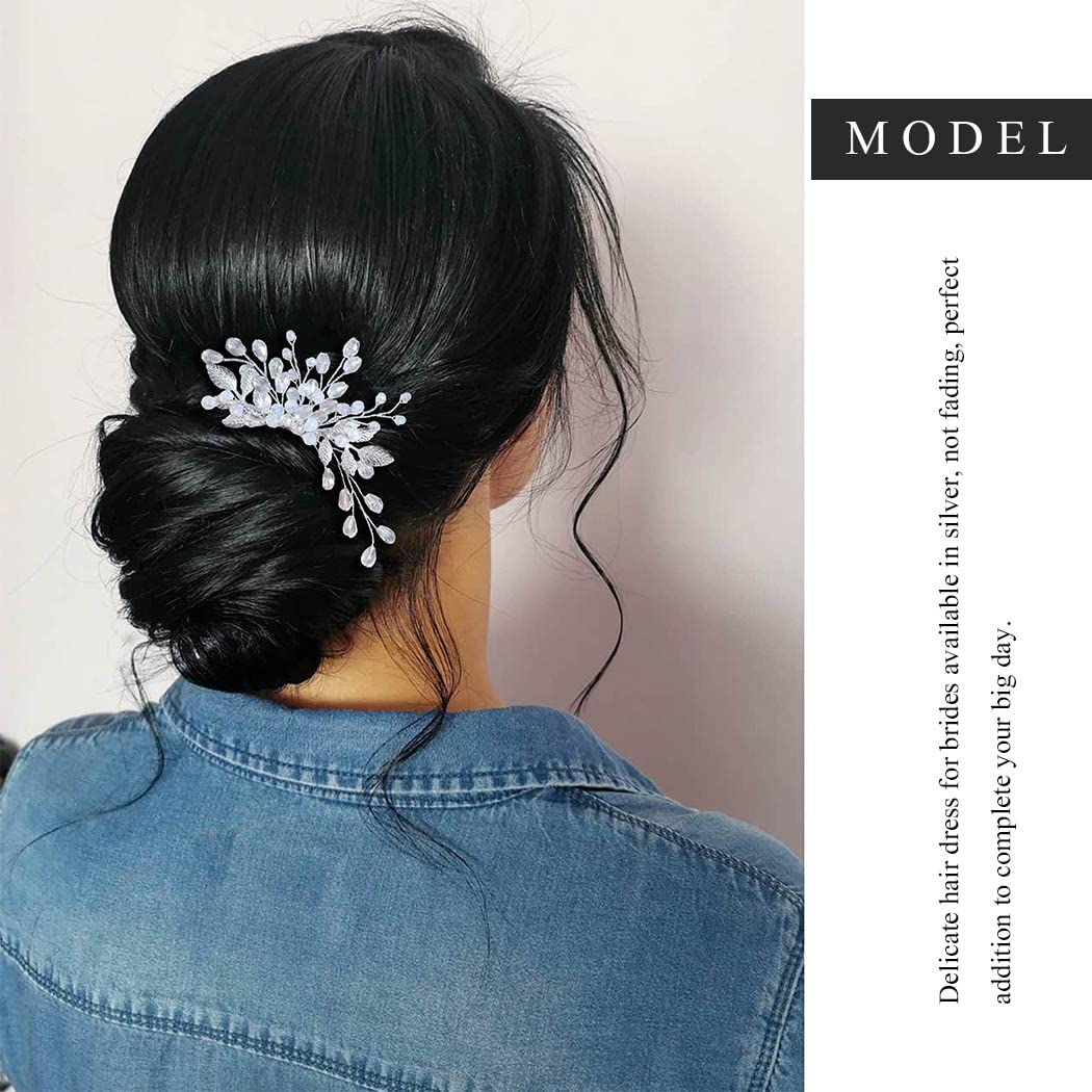 Easedaily Crystal Bride Wedding Hair Comb Silver Leaf Bridal Hair Piece Opal Rhinestone Side Comb Bridal Hair Accessories for Women and Girls - Image 2
