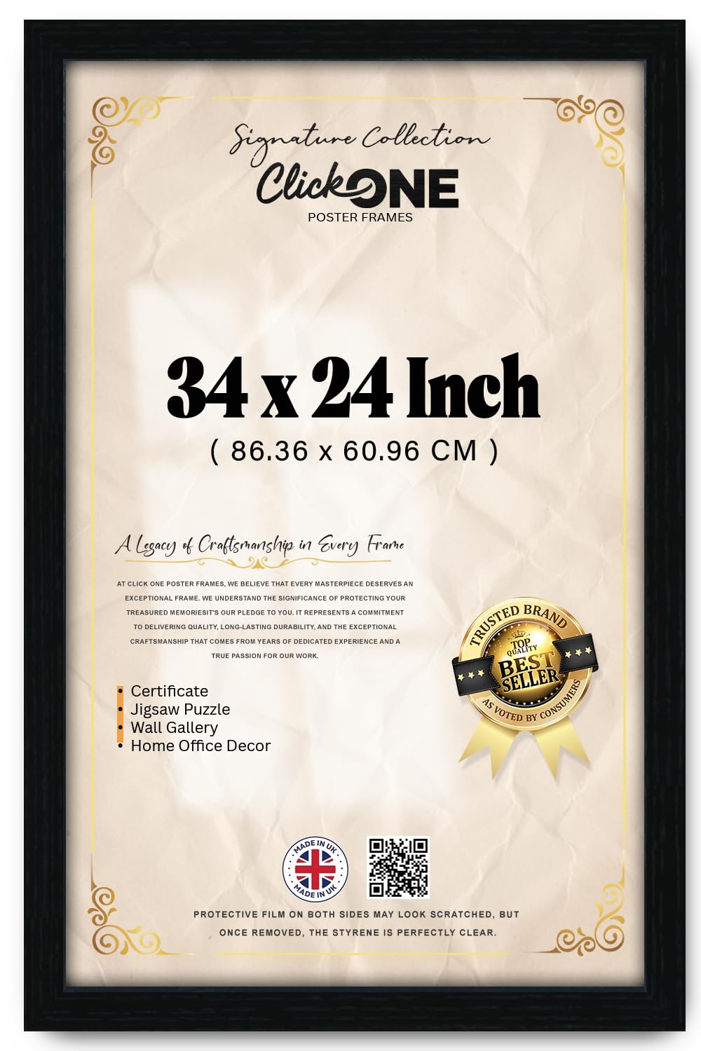Click One 34 X 24 Inch Poster Frame For Paintings And Photos With Reversible Mount For Vertical Or Horizontal Display, Ideal For Home And Gallery Use, Black Border, Includes Hanging Hardware