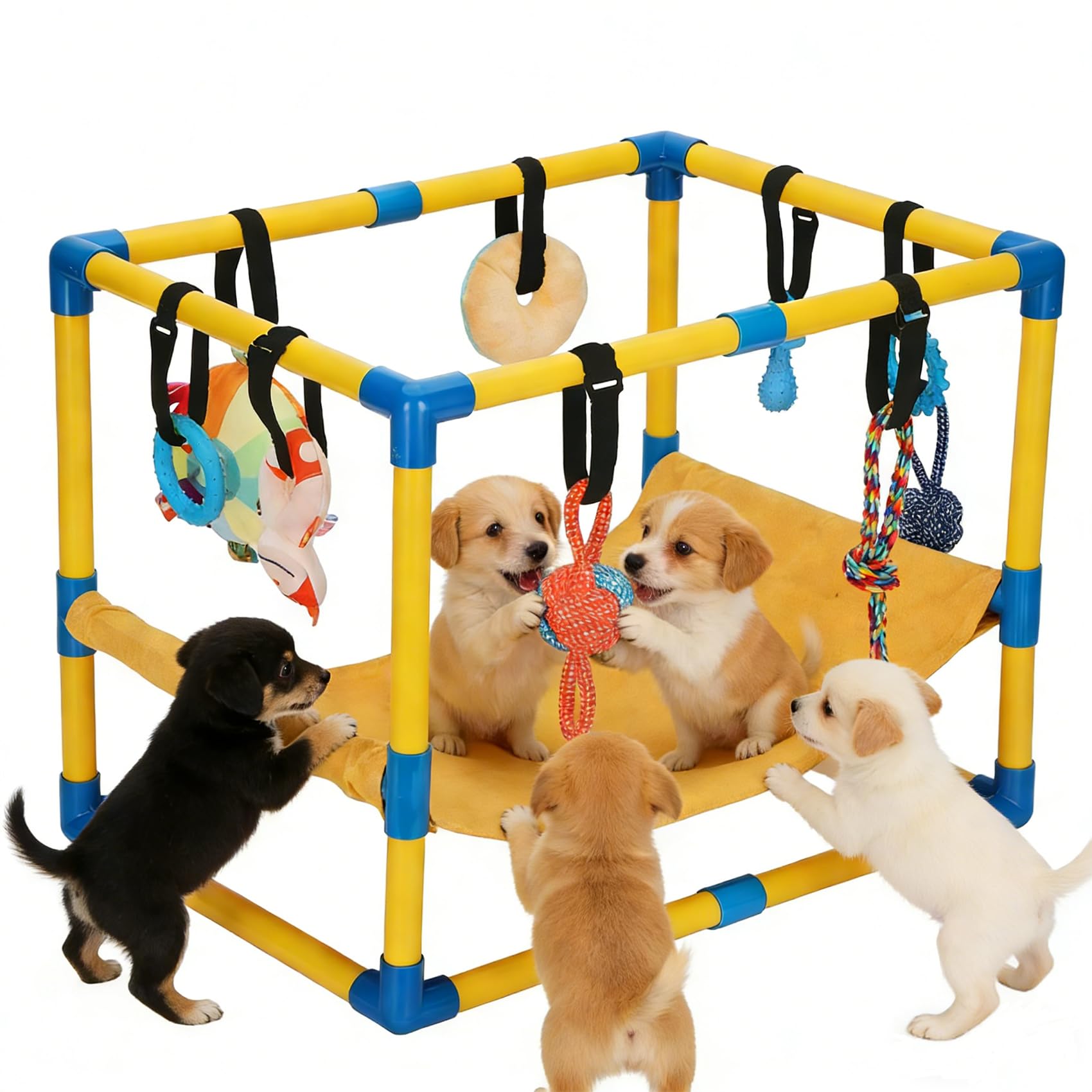 Bullro Puppy Play Gym with 8 Hanging Toys, Dog Jungle Gym Indoor with Hammock and Funny Enrichment Toys, PVC Frame Puppy Gym Activities Center for Puppies, Dog Gym Playground