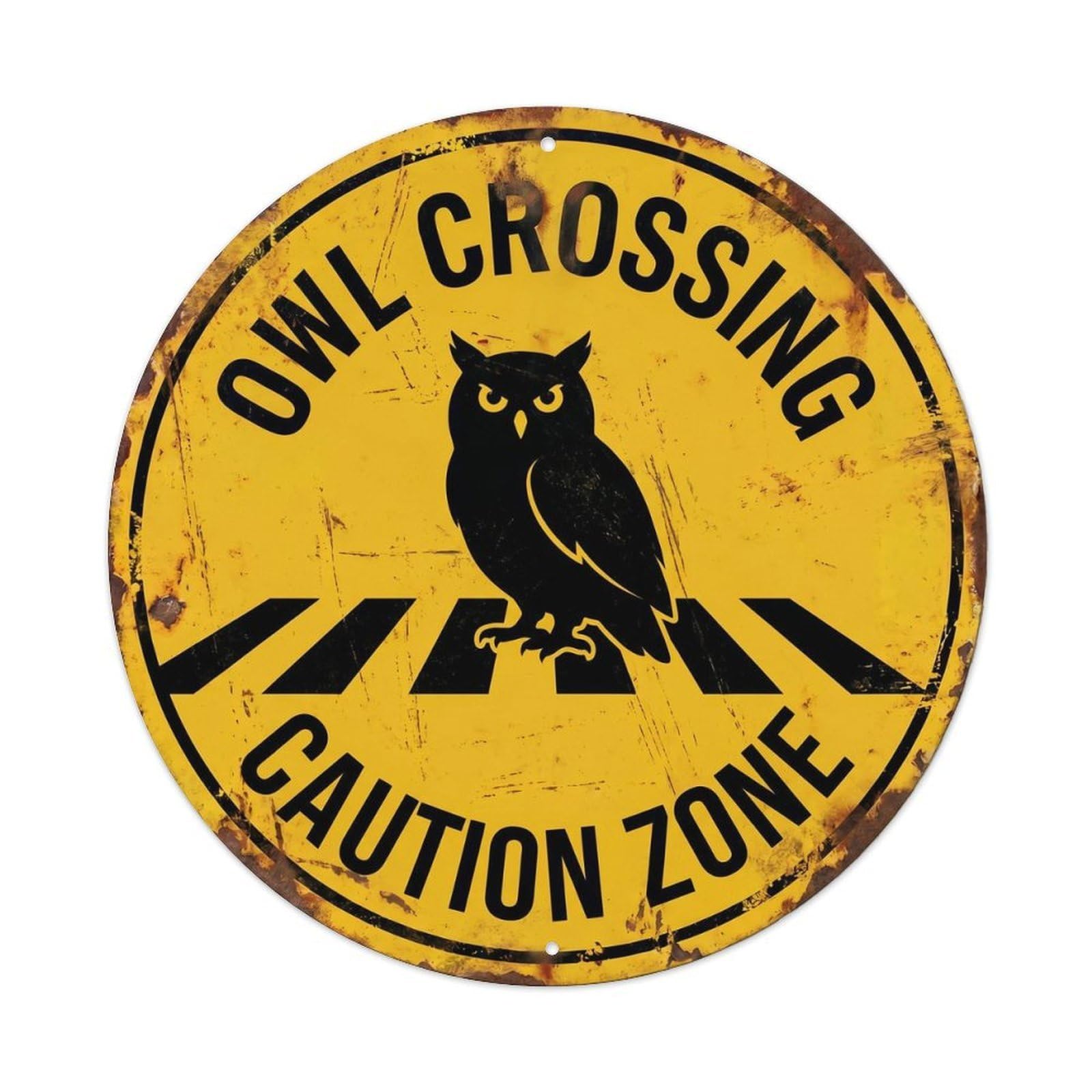 Metal Tin Sign Owl Crossing Caution Zone Weathered