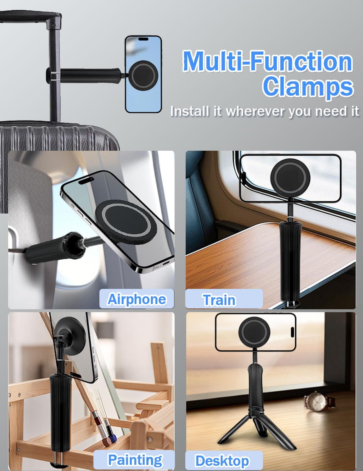 Magnetic Phone Holder for Desk, for Magsafe Cell Phone Mount Clamp Clip, 360° Rotating Adjustable Length Handsfree Phone Mount for iPhone 16 Pro Max, 15 Pro Max, 14 Plus, 13 Mini & 4-7" Phone