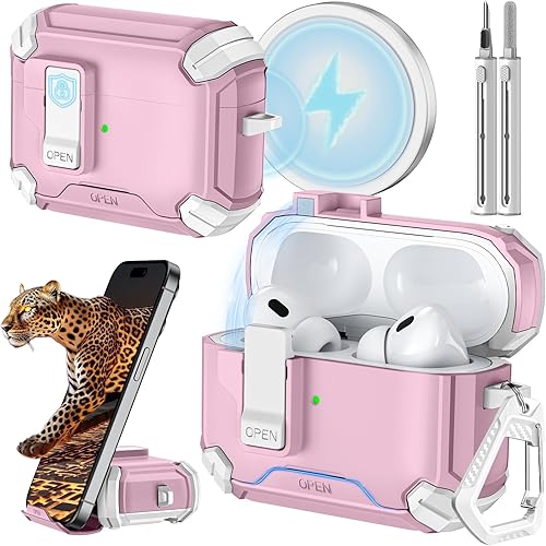 Inesore Funda compatible con AirPods Pro de 21 generación con soporte para teléfono y kit de limpieza, compatible con MagSafe, bloqueo automático