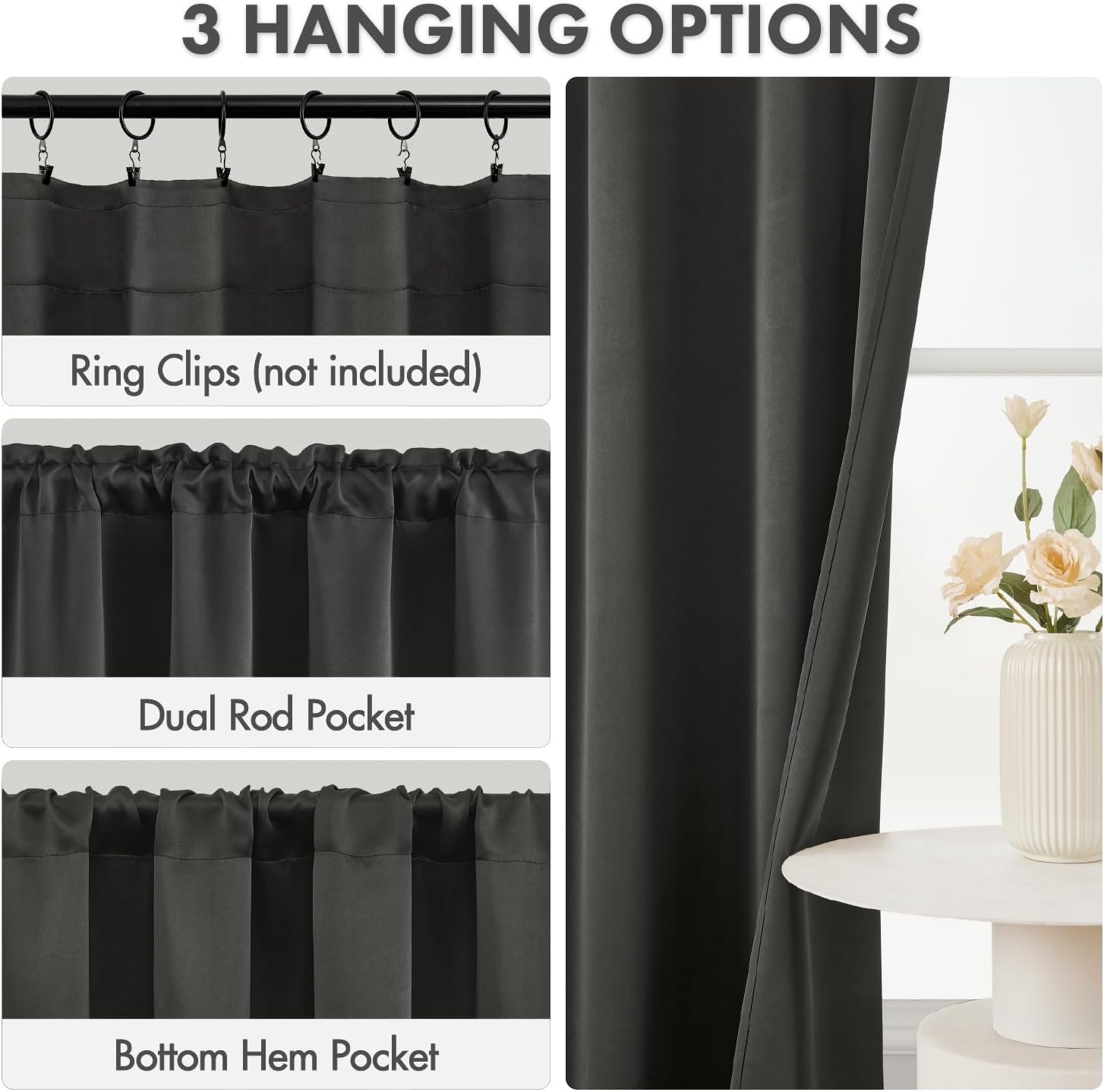 MIULEE Blackout Curtains 4 Panels Sets Dark Grey 63 Inch Length, Top and Bottom Rod Pocket Room Darkening Curtains for Bedroom Windows, 4 Pack Solid Thermal Insulated Light Blocking Curtain Drapes