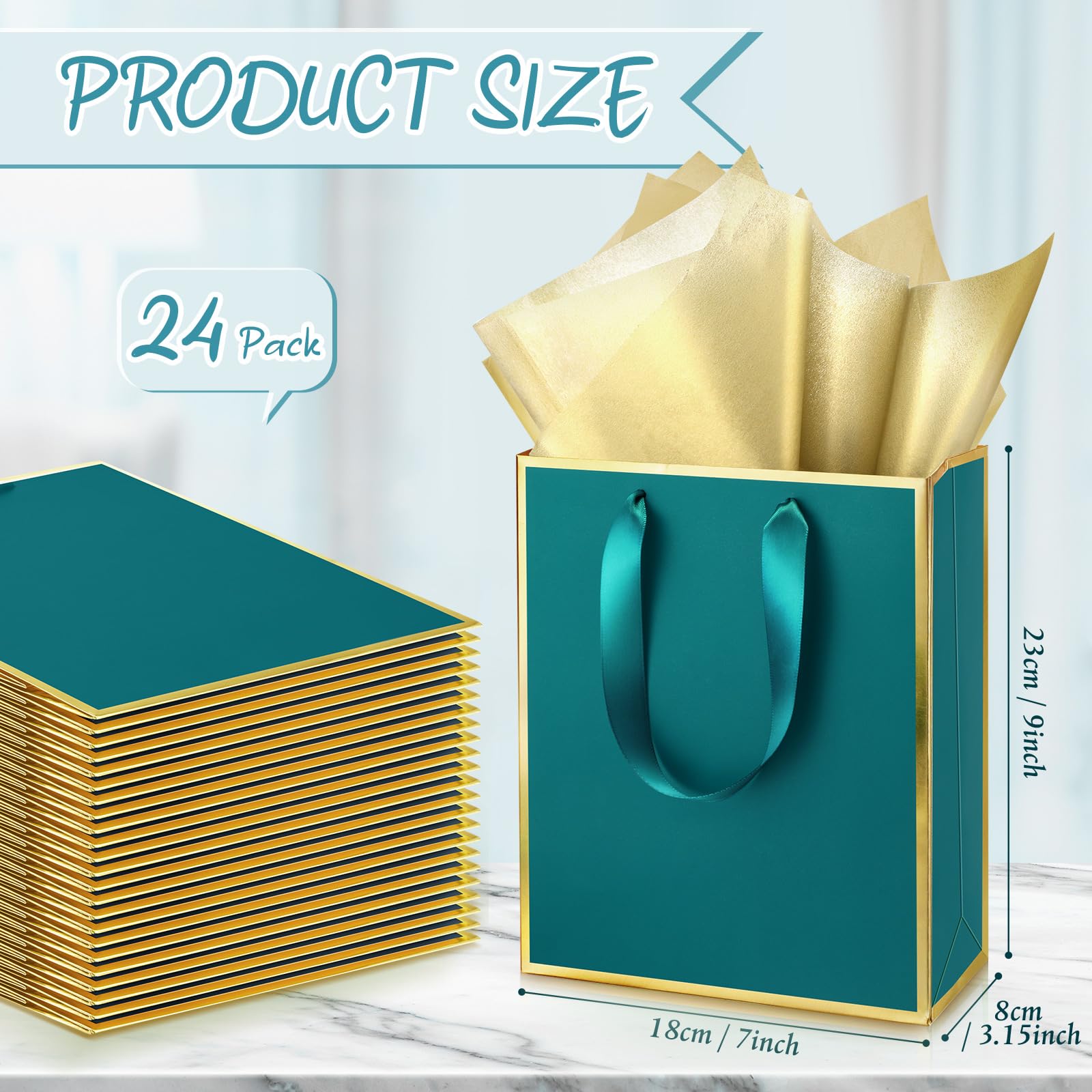 Yeaqee 24 sztuki metalicznych papierowych torebek na prezenty z uchwytem i chusteczką, 24 x 18 x 8 cm, torebki na prezent powitalny, na ślub, wieczór panieński, dla drużbów, święta, przyjęcie