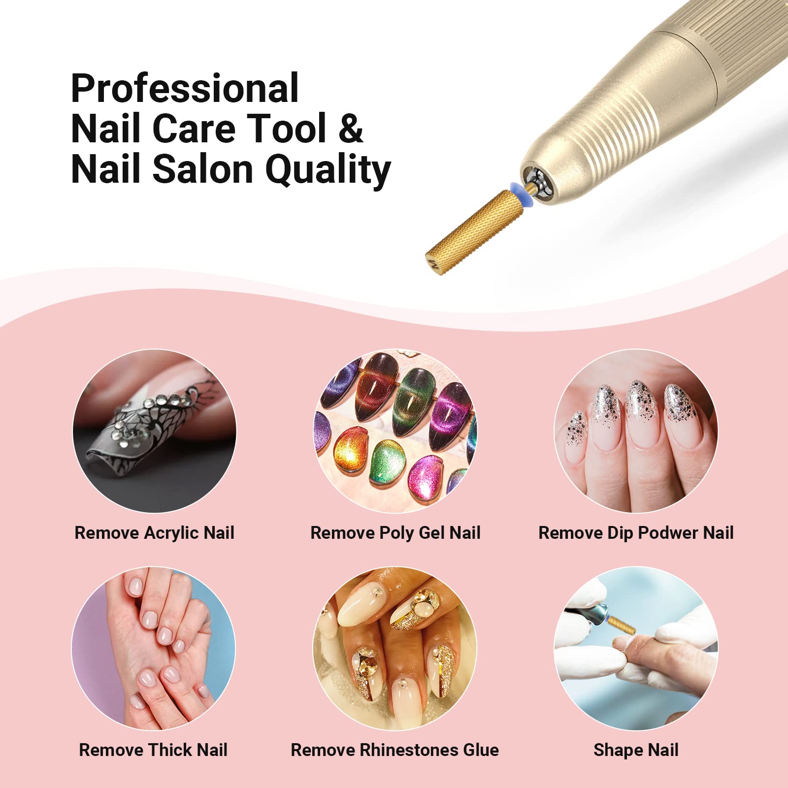 Brocas de uñas cónicas superlargas, brocas de tungsteno de carburo de 3/32 pulgadas, adecuadas para manicura, pedicura, cutícula, esmalte en gel, brocas avanzadas profesionales, doradas, 7