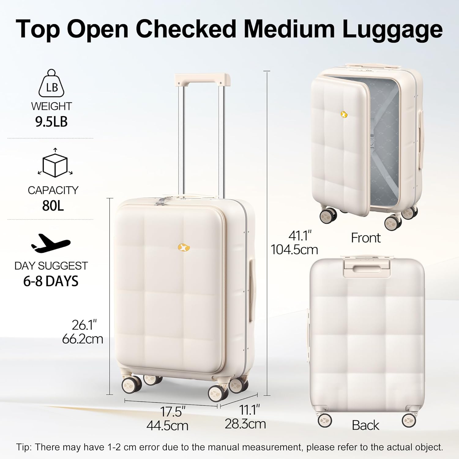 MGB 24 Inch Checked Luggage Hard Shell Suitcase Top Opening Aluminum Frame Travel Suitcases with Wheels for Men Women Gifts, Cream