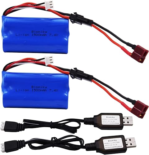 Miniatura 7 de Blomiky Paquete de 2 baterías recargables de iones de litio de 7.4 V 1500 mAh SM-2P enchufe con adaptador T y cable USB adecuado para H101 H103 H105