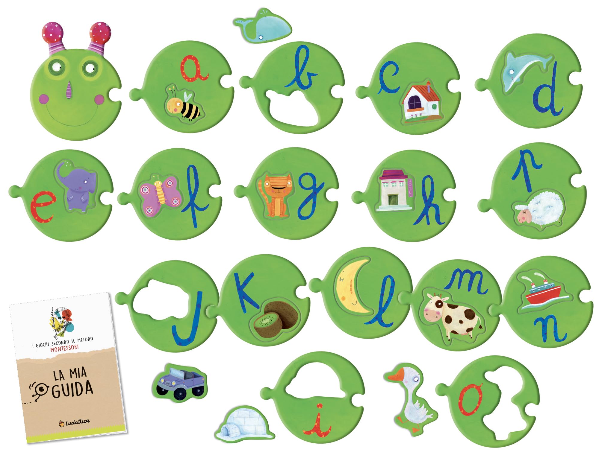 Ludattica - GIOCHI MONTESSORI - Il grande Bruco dell'alfabeto - 26 tessere giganti con effetto tattile - Gioco educativo bambini 3-6 anni per imparare l'alfabeto