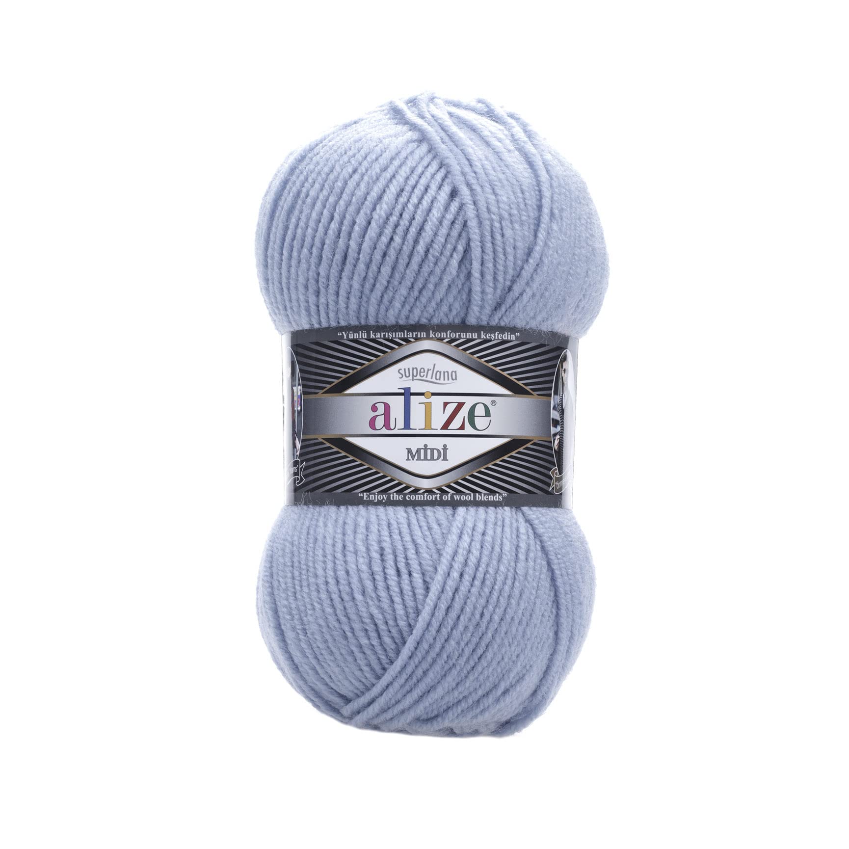 AlizeSuperLana Midi 25% Wool 75% Acrylic Each Skein 100 g 170 m, Lot of 4 Skeins - 480 Light Blue