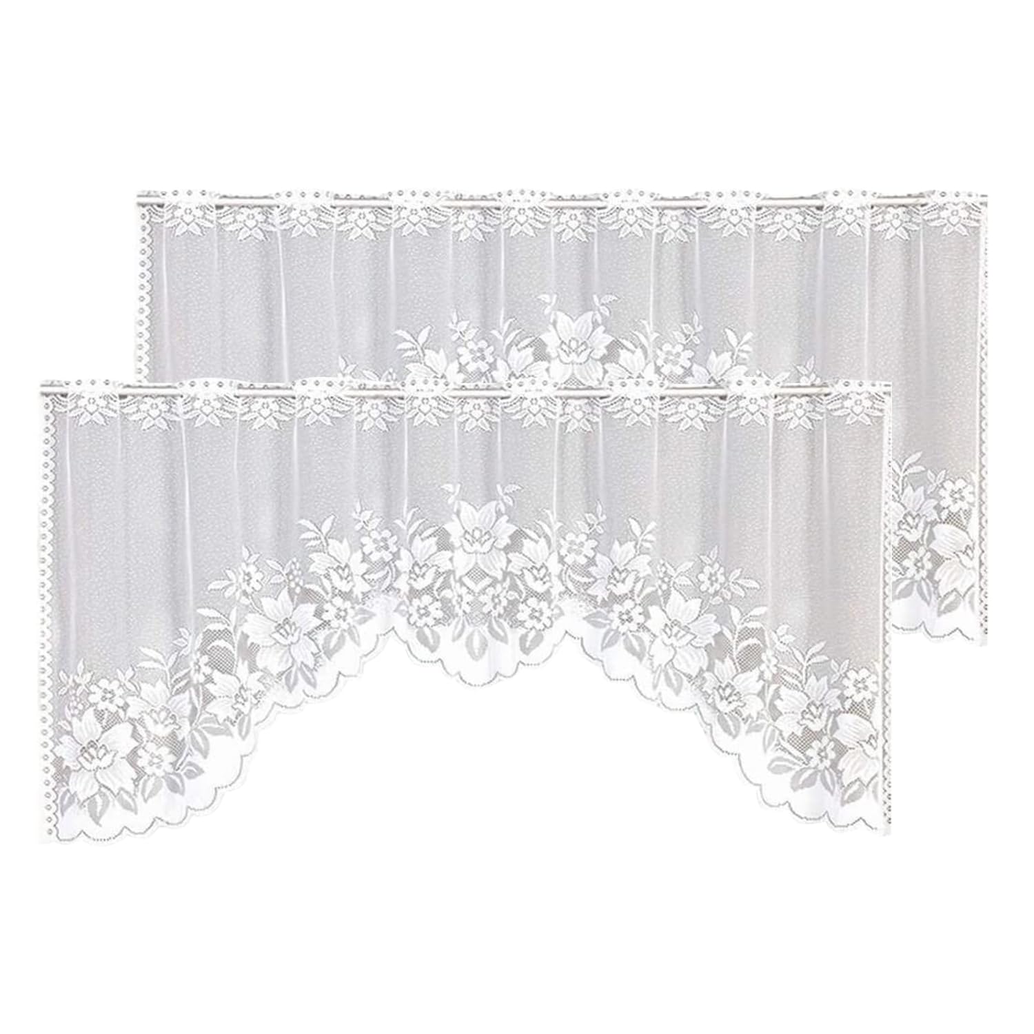 WUBODTI Vintage White Sheer Swag Valance Curtains Floral Embroidery Lace Kitchen Swag Window Valances Hollow Knitted Short Curtains for Cafe Dining