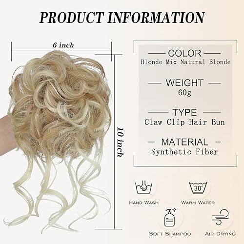 Miniatura 2 de MSMUSAS Moño desordenado, pinza de garra, rizado, ondulado, pelo sintético, moño despeinado, extensiones de cabello recogido para barba larga, moños