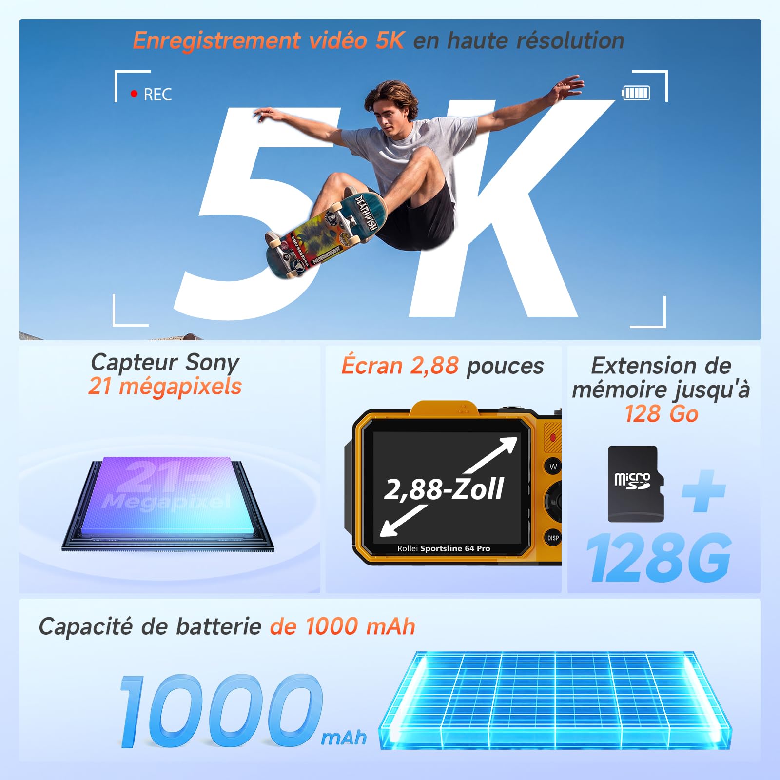 Appareil Photo Numérique Étanche, Rollei Sportsline 64 Pro Camera sous-Marine 5K 64MP Caméra Imperméable avec Capteur Sony 21MP Zoom Numérique 18X pour Plongée Natation Appareil-Photo-Caméra