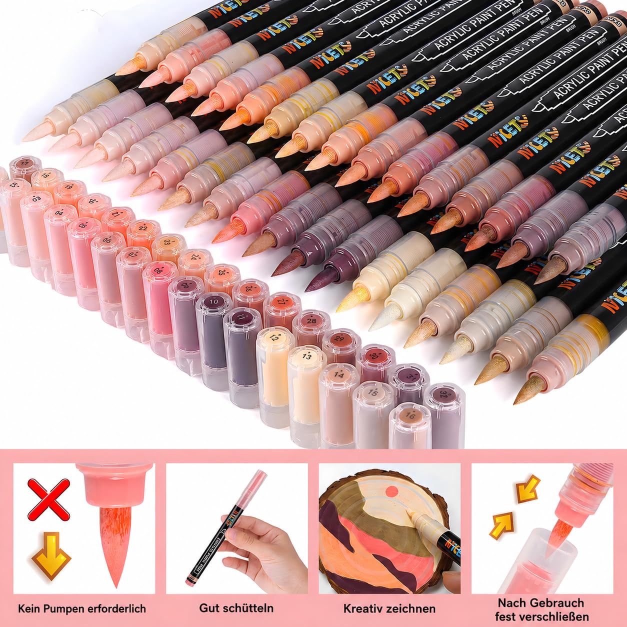 NICETY 32 Acrylstifte für Steine Wasserfest - Pinselspitze Acrylmarker für Holz, Stoff, Leinwand, Glas, 1-6mm Multimarker acrylic Marker pens Set (Haut)