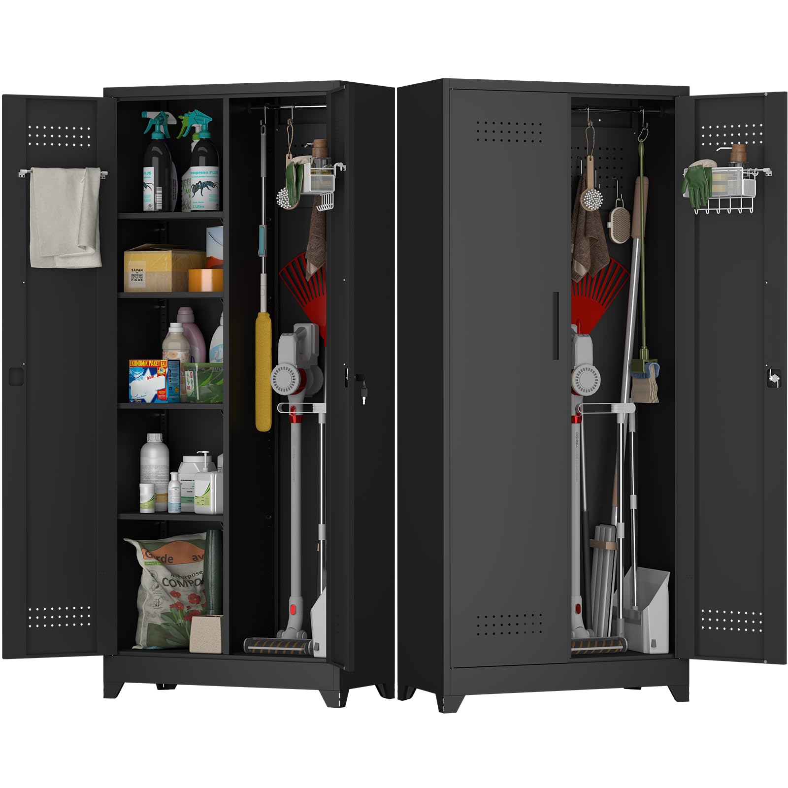 Metal Locking Cabinet, 72.8" Tall Storage Cabinet for Broom, Garage Storage Cabinet with Doors and Shelves, Heavy Duty Tool Cabinet for Home Office, School, Basement,Gym