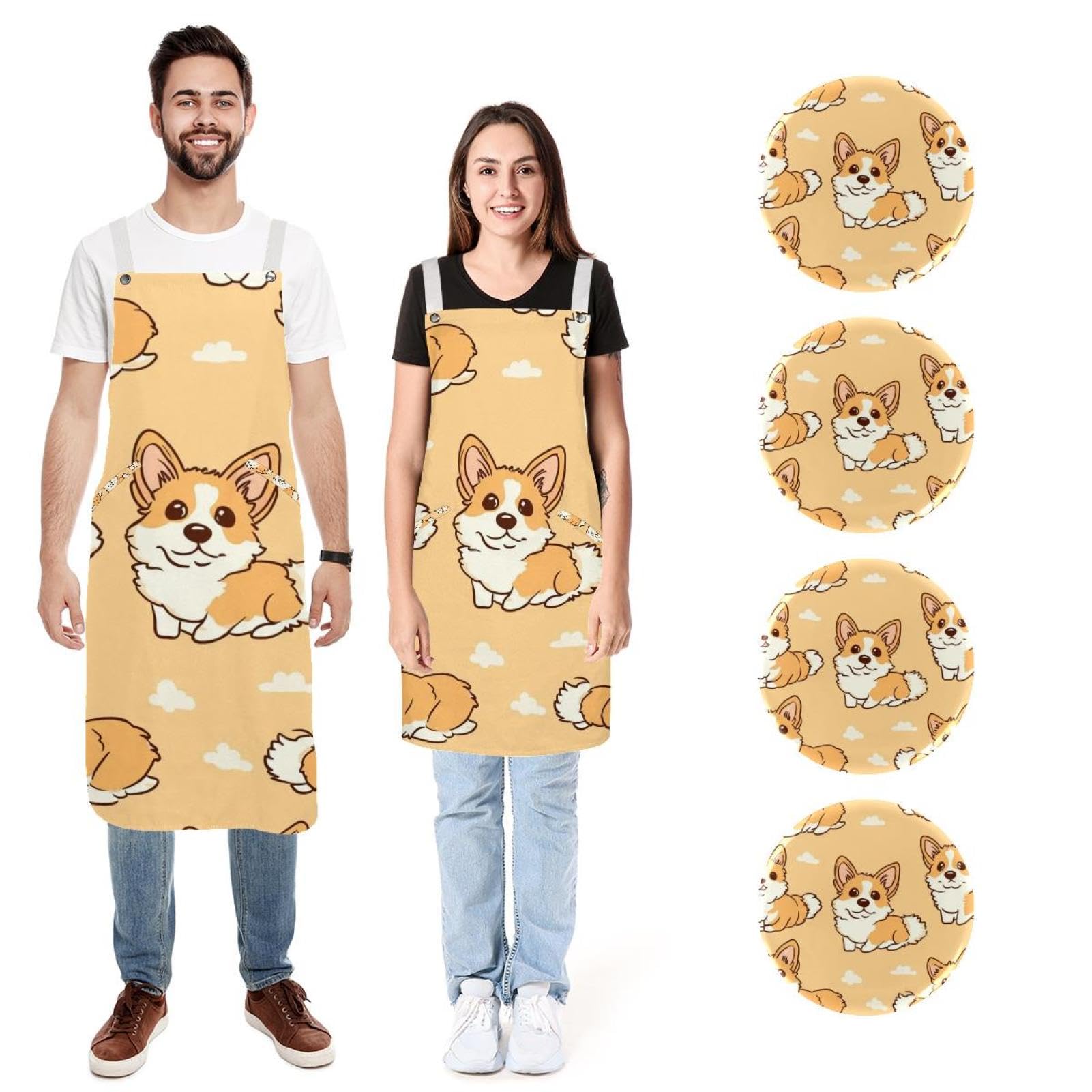 Lot de 2 tabliers de cuisine doux et réglables avec 2 grandes poches pour homme et femme Motif chien Corgi, Chien Corgi mignon dessin animé, L:26.2x34.6in/66.5x88cm;M:26.2x26.6in/66.5x67.5cm