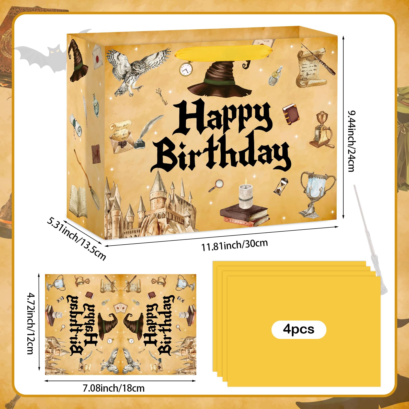 Hooqict Magical Wizard Gift Bag Happy Birthday Gift Wrapping Bag with Handles, Tissue Paper and Greeting Cards for Kids Girls Boys Wizard Birthday Party Supplies Halloween Party Favors