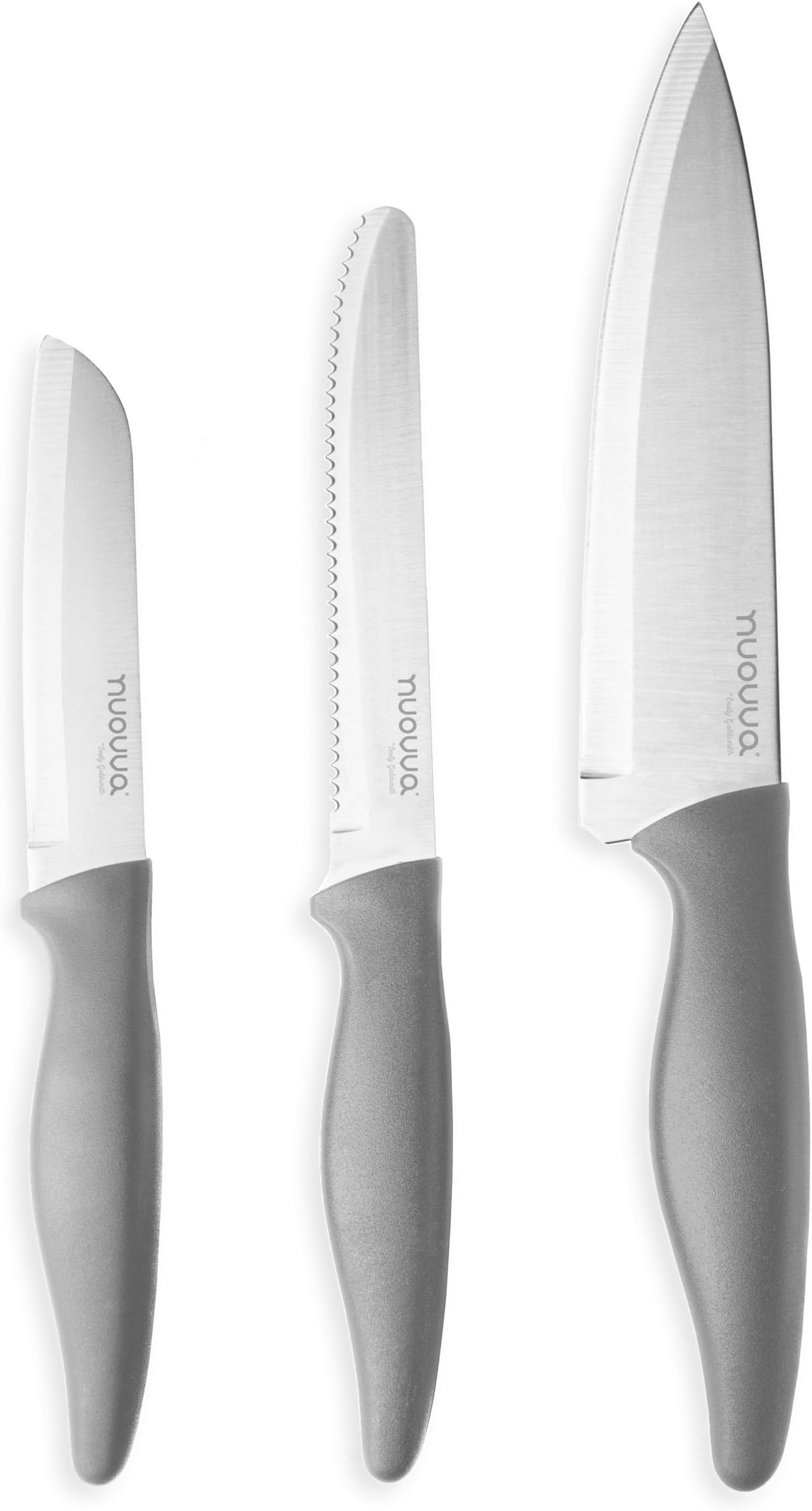 nuovva Sharp Kitchen Knife Set – 3pcs Grey Kitchen Knives – Stainless Steel Non Stick Blades – Includes Chefs Knife, Tomato Knife and Paring Knife