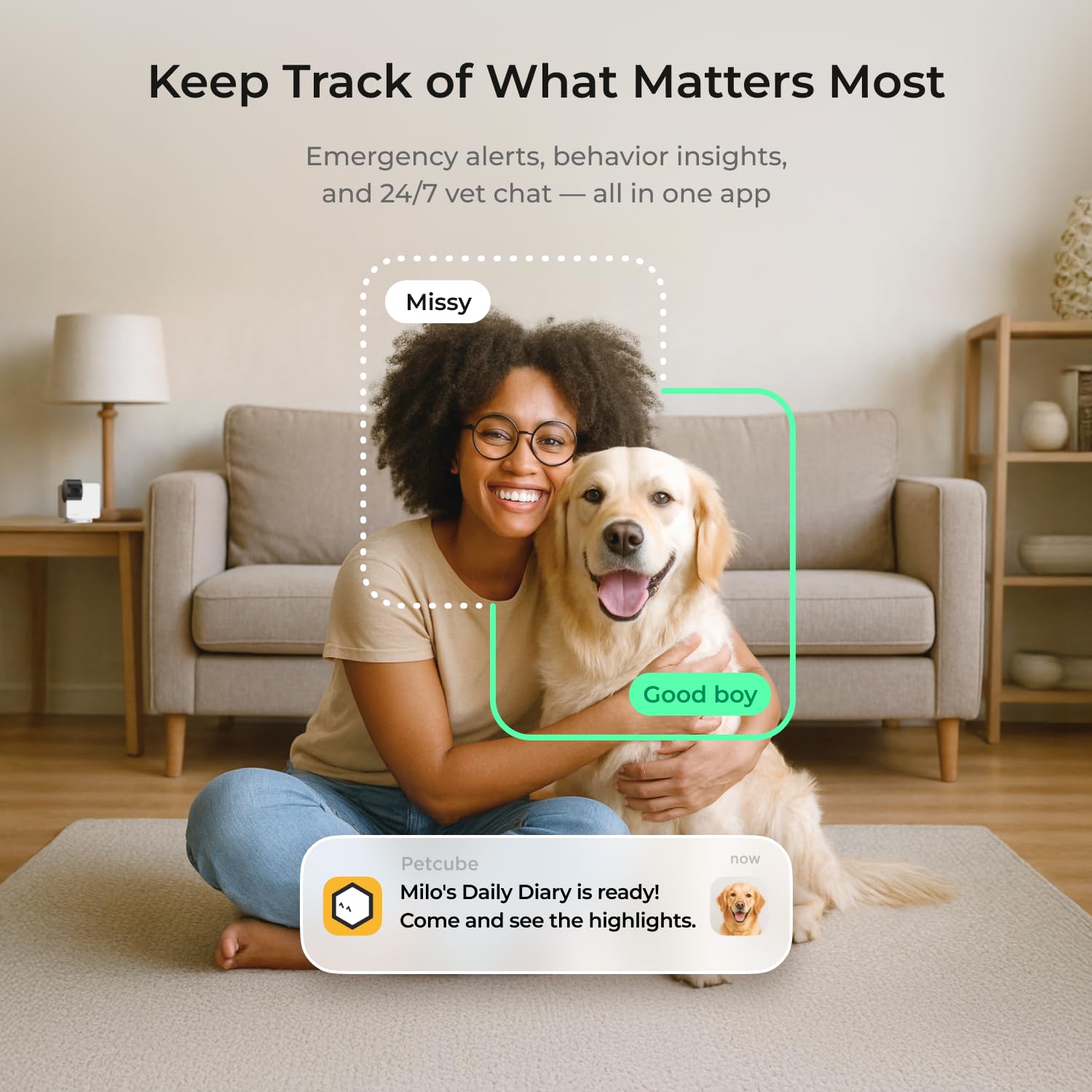 Petcube Cámara 360 | Cámara WiFi interactiva definitiva para mascotas y hogar con aplicación de teléfono, video HD de 1080p, rotación de 360°, visión nocturna, audio bidireccional, alertas