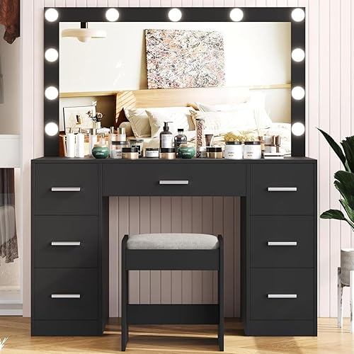Irontar Vanity Desk with Stool, Makeup Table with Lighted Mirror, 3 Color Lighting Modes, Brightness Adjustable, Dressing Table with Drawers, Bedroom Vanity Table Set for Women, Black