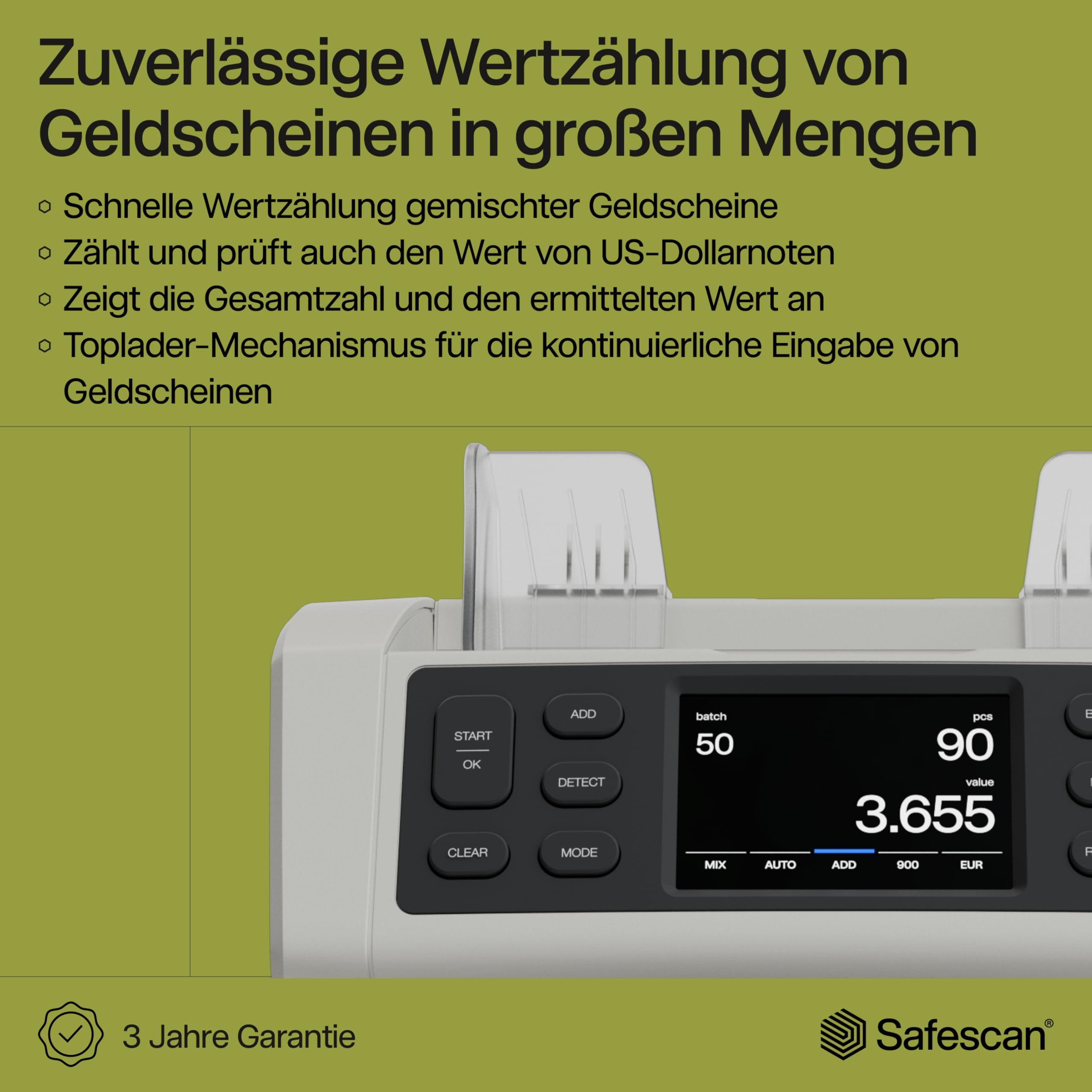 Safescan 2885-S Geldzählmaschine, Wertzählung für gemischte Banknoten einschließlich USD - Banknotenzähler mit 7-facher Echtheitsprüfung - Geldzählmaschine mit mehrsprachiger Benutzeroberfläche