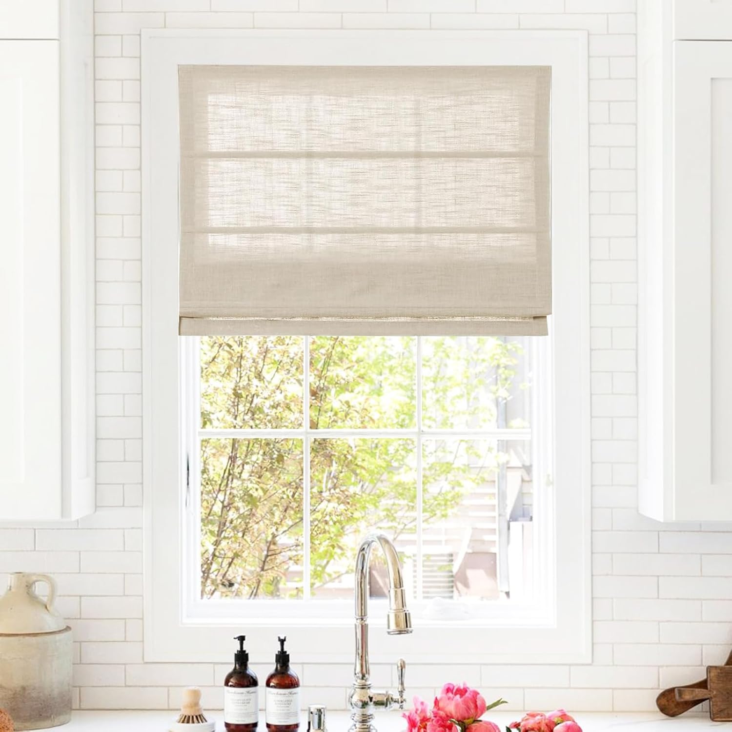 Linen Roman Shades for Windows Custom Cordless Blinds for Indoor Windows, French Doors, Bedroom, Living Room, Bathroom, Sand Beige