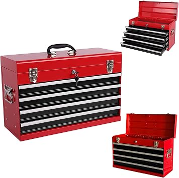 JOYBASE Portable Tool Box with 4 Drawers, Heavy Duty Metal Tool Chest Organizer with Auto-Locking System & Ball Bearing Slides for Garage Red + Black